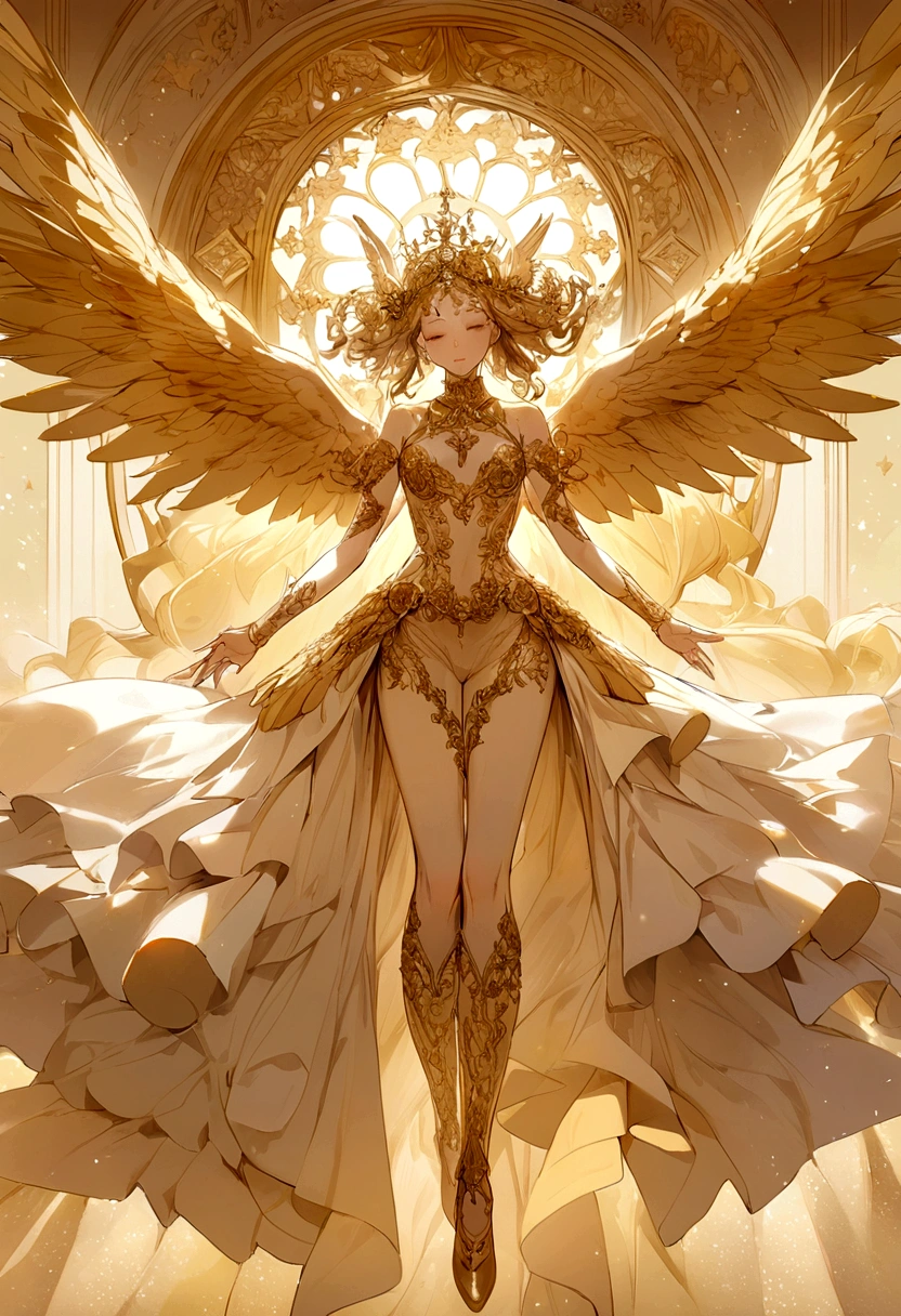 God　The background is a golden sky　Angels flying all around