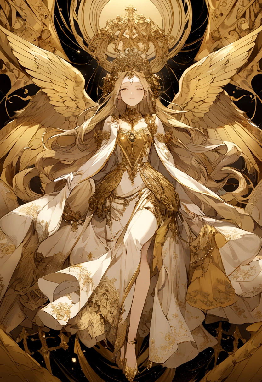 God The background is a golden sky Angels flying all around
