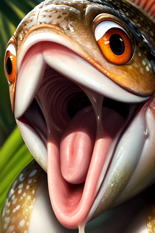 Single Trout fish with no teeth, large wide open mouth coconut with milk inside mouth, surprised face with cute eyes facing the camera close up, photorealistic. Coconut Milk inside mouth.coconut Milk dripping out of mouth. Muscles jaw. Defined fish jaw. Fish throat