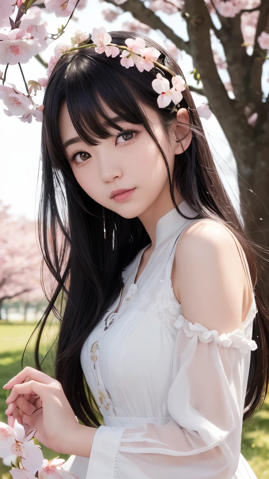 (logo、masterpiece、8k、Tabletop、RAW Photos、wonderful、最high quality、フォトリアリスティックでVery detailedな CG 統合 8k 壁紙、high quality、Very detailed、Narrative poem、Particle Effects、Dynamic Effects、Written boundary depth、Cinematic Light、Lens flare、Ray Tracing)、Fantasy、 (1 Beauty、dress、dress、Cherry blossom pattern、Black-haired、Beautiful Face、True Face、Beautiful details、eye、Beautiful Skin)、髪がWindで踊る、Hair flutters in Wind、Hair bounces、Pink cherry blossom tree、Petals flutter、SakuraFubuki、wonderful景色、Morning Glow、Sun in the background、Wind、