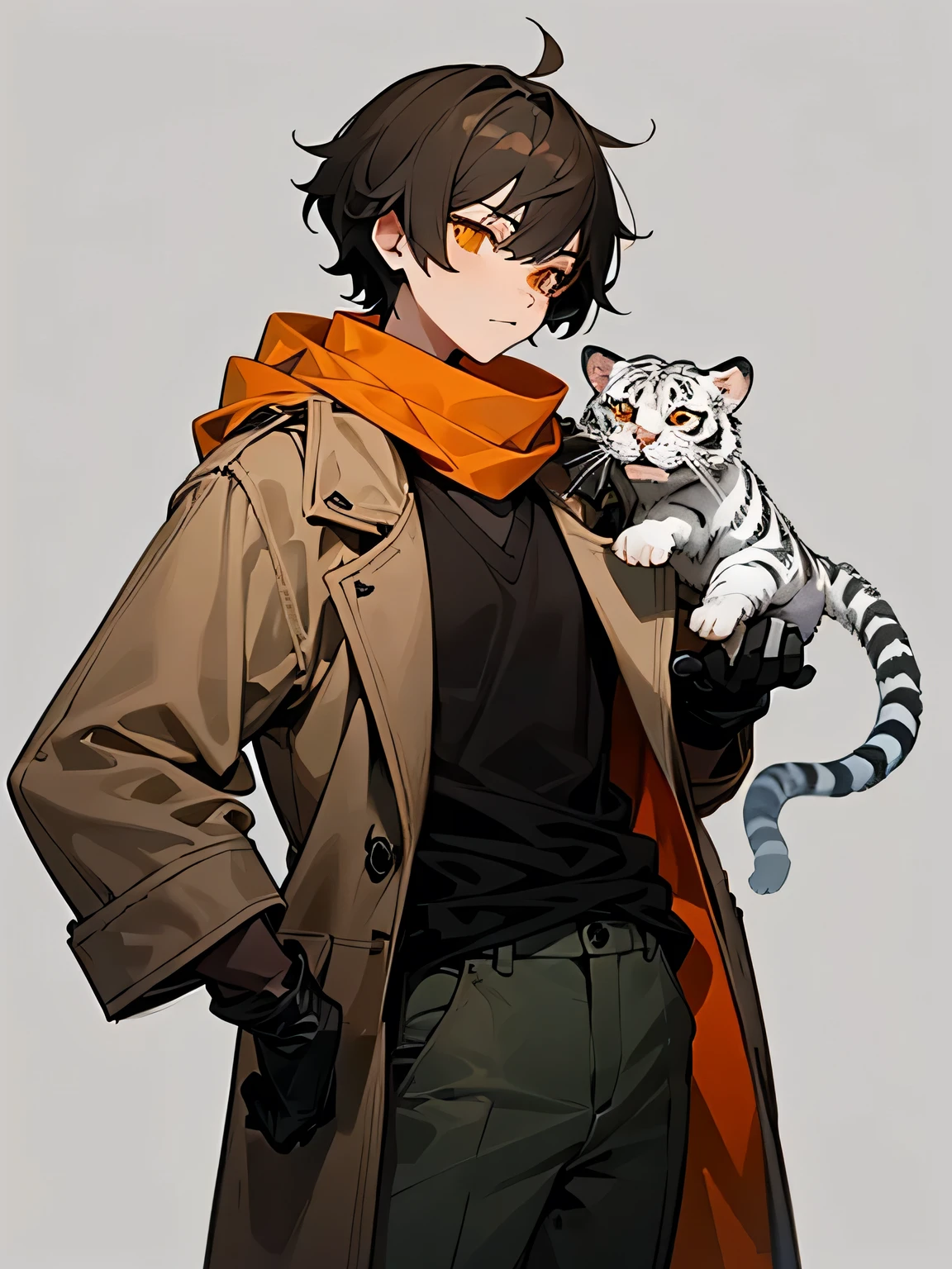 upperbody, black ash color boyish short hair, yellow scarf, long brown coat, gray pants, orange eyes, black gloves, BREAK, small white tiger(1animal), fantastic background,