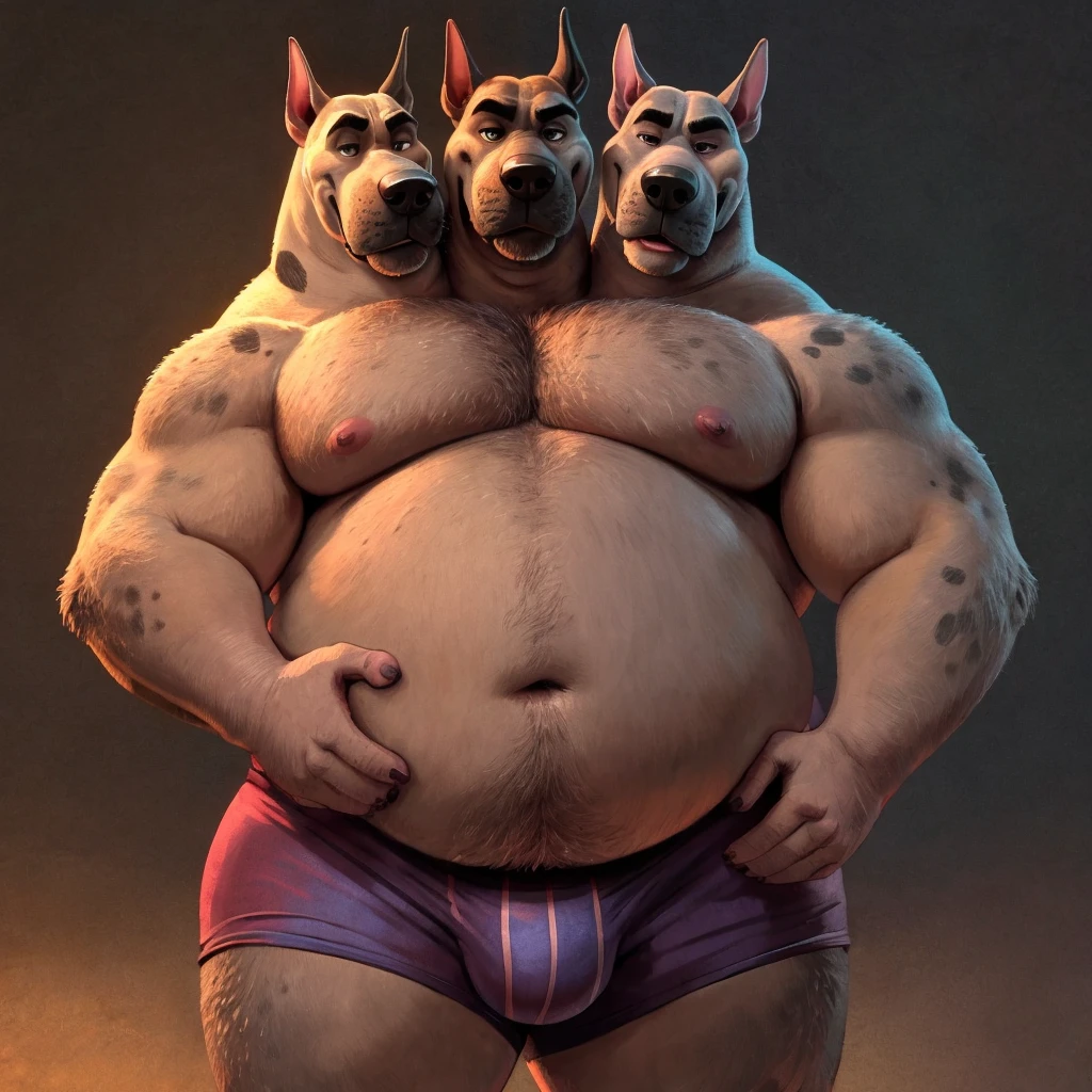 solo, great dane, three identical heads on one body, gray fur, bald, great dane ears, masculine, necks, (eyes), adult, male, 50 years old, (stylized 3d, by disney, by rembrandt, by pixar, by dramamine), obese, solid gray background, (shirtless, underpants), correct hands, correct anatomy, ultradetailed, best quality, detailed masterpiece, highly detailed masterpiece, 4k, (professional cartoon), natural pose, detailed expressions