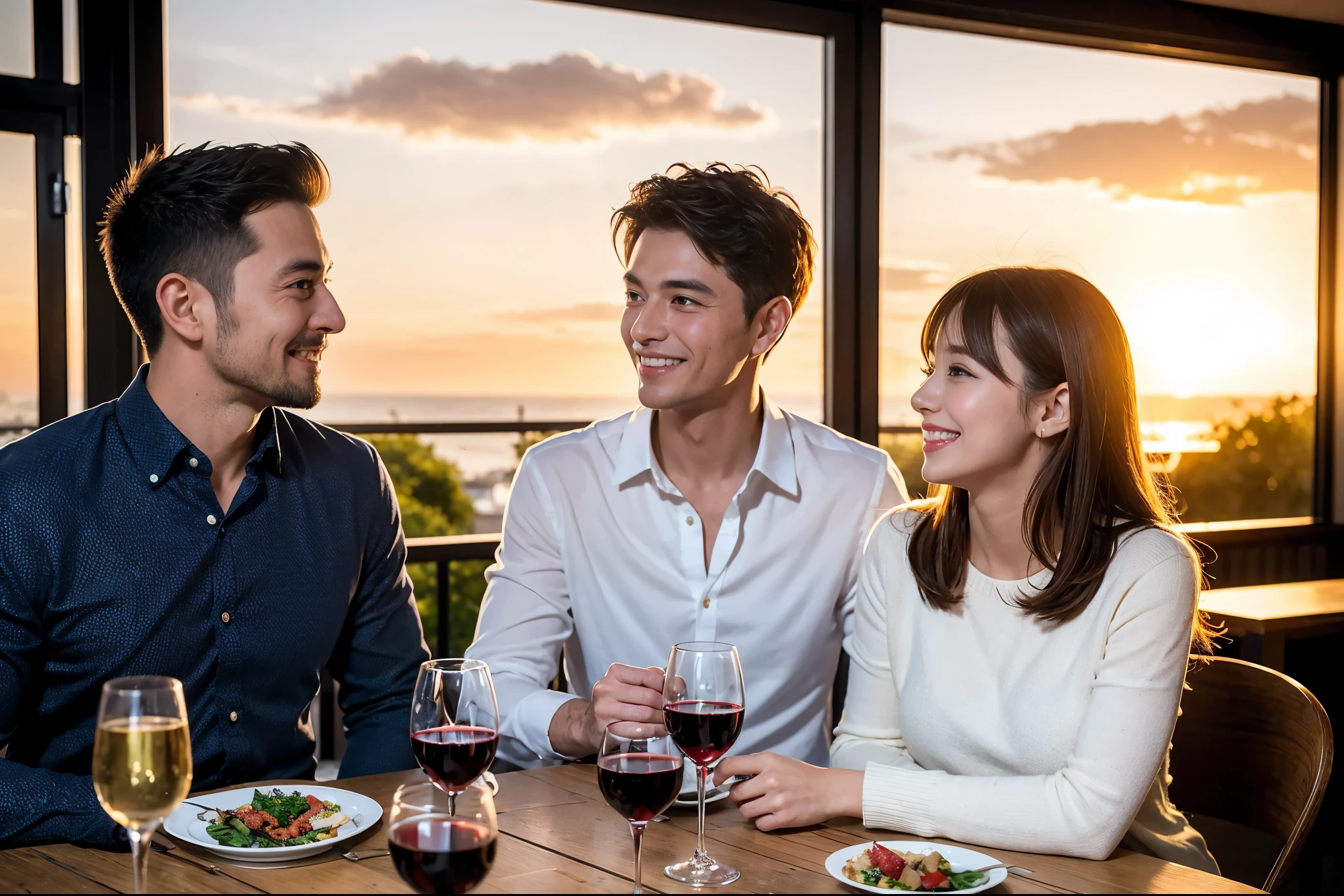 ((highest quality、8k、masterpiece:1.3))、 (Realistic, Real、Bright image、Intricate details:1.2), Best smile 1 man 1 woman、Kimura Fumino-like beautiful couple、lover、couple、spouse、Beautiful couple、Happy smile、full-course dinner、 (Slim face), (Slim Body), (Brown Hair), (Short Hair), テーブルの上のwine glass、Please put light on my face、 Amazing view of the sunset sky and clouds、 (Age 42), 39 years old, red wine 、Appetizers、Wine bottle、sparkling wine、Long sleeve shirt、dress、White wine, red wine, wine glass,