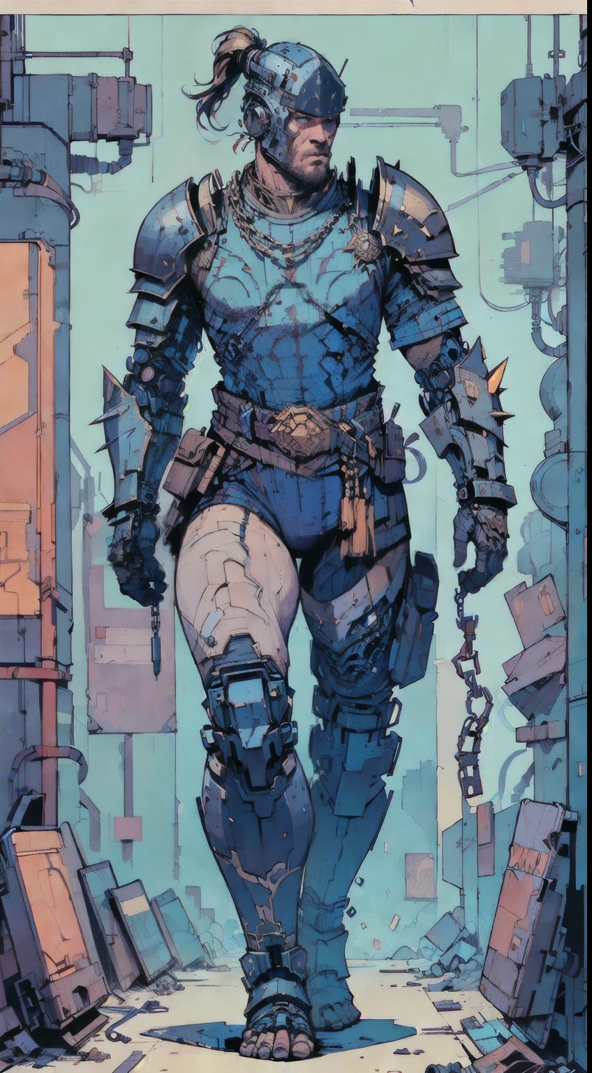 1man, old man, perfect proportions, anatomically correct, (head to toe: 2.0), (full body image: 2.0), solo, extremely stylized, deviant art, masterpiece, highly detailed, detailed eyes, expressive detailed eyes, detailed pupils, futuristic, ((wearing an armored helmet)), ((holding a spiked flail)), (cybernetic arms:1.4), big boots, entire body image, full body shot, nvinkpunk, professional photograph of alexander_skarsgard, tassles, large beads, (large tassels), cyberpunk, inkpunk, paint platter, ink splatter, (action pose:1.0), ((chainmail shirt)), old warrior, long beard, ((armor shoulders))