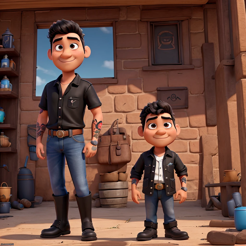 Desenho igual da Pixar de menino indiano com barba preta, black blouse and tattoo on arms and motorcycle boots