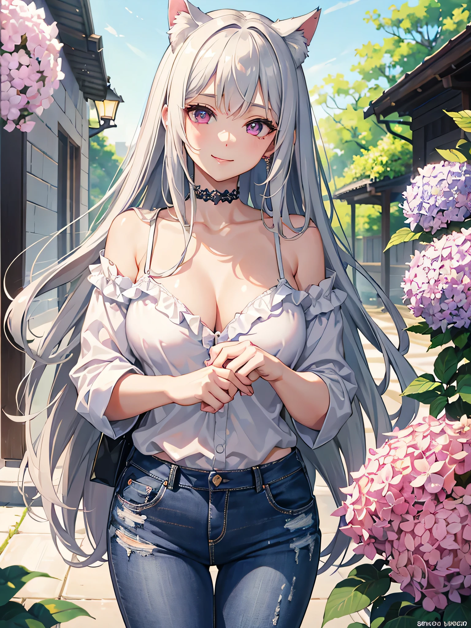 masterpiece,highest quality,8k quality ,Highly detailed face,fine grain,Waterfront,Highlighted eyes, medium breasts ,pretty girl,smile,Cat ear,Beautiful silver hair,Pink inside,Beautiful pink eyes,Oversized shirt、Hydrangea, distressed jeans
