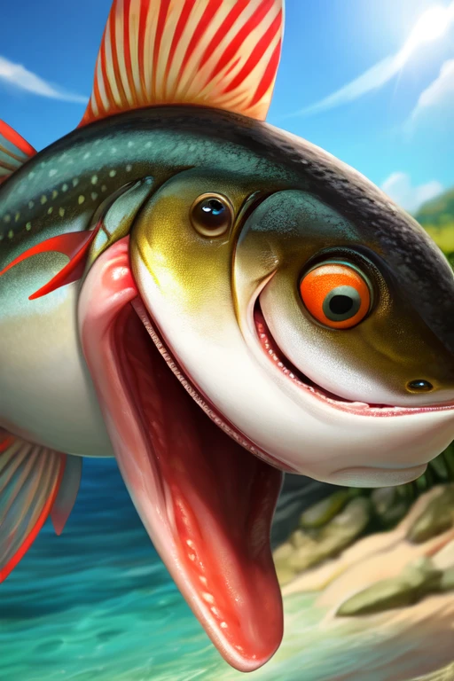 Single Trout fish with no teeth, large wide open mouth coconut with milk inside mouth, surprised face with cute eyes facing the camera close up, photorealistic. Coconut Milk inside mouth.coconut Milk dripping out of mouth. Muscles jaw. Defined fish jaw. Fish throat