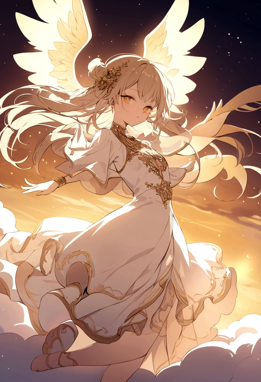 God　The background is a golden sky　Angels flying all around