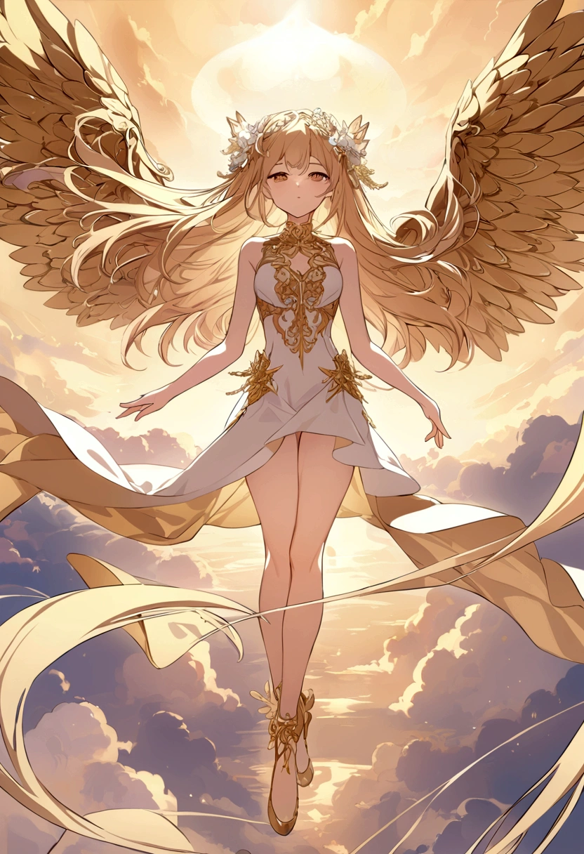 God The background is a golden sky Angels flying all around