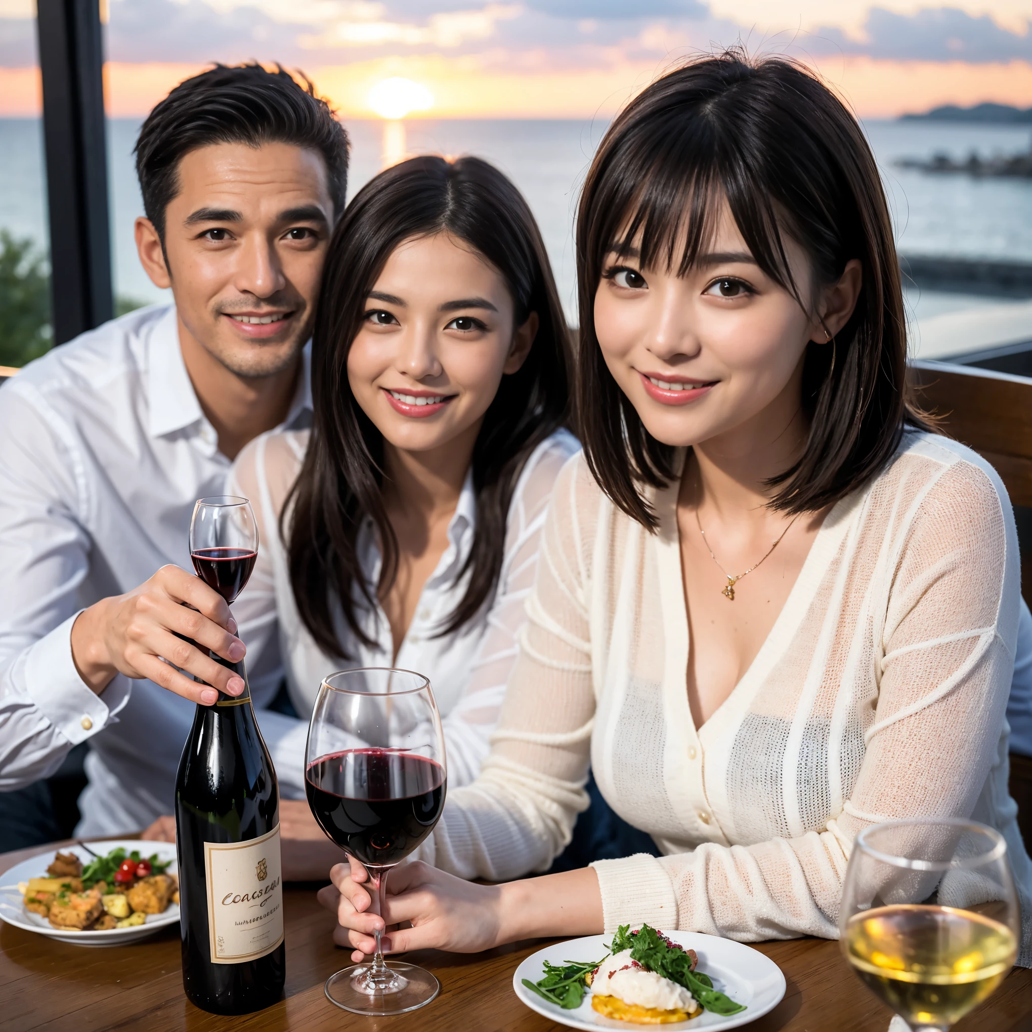 ((highest quality、8k、masterpiece:1.3))、 (Realistic, Real、Bright image、Intricate details:1.2), Best smile 1 man 1 woman、Kimura Fumino-like beautiful couple、lover、couple、spouse、Beautiful couple、Happy smile、full-course dinner、 (Slim face), (Slim Body), (Brown Hair), (Short Hair), テーブルの上のwine glass、Please put light on my face、 Amazing view of the sunset sky and clouds、 (Age 42), 39 years old, red wine 、Appetizers、Wine bottle、sparkling wine、Long sleeve shirt、dress、White wine, red wine, wine glass,