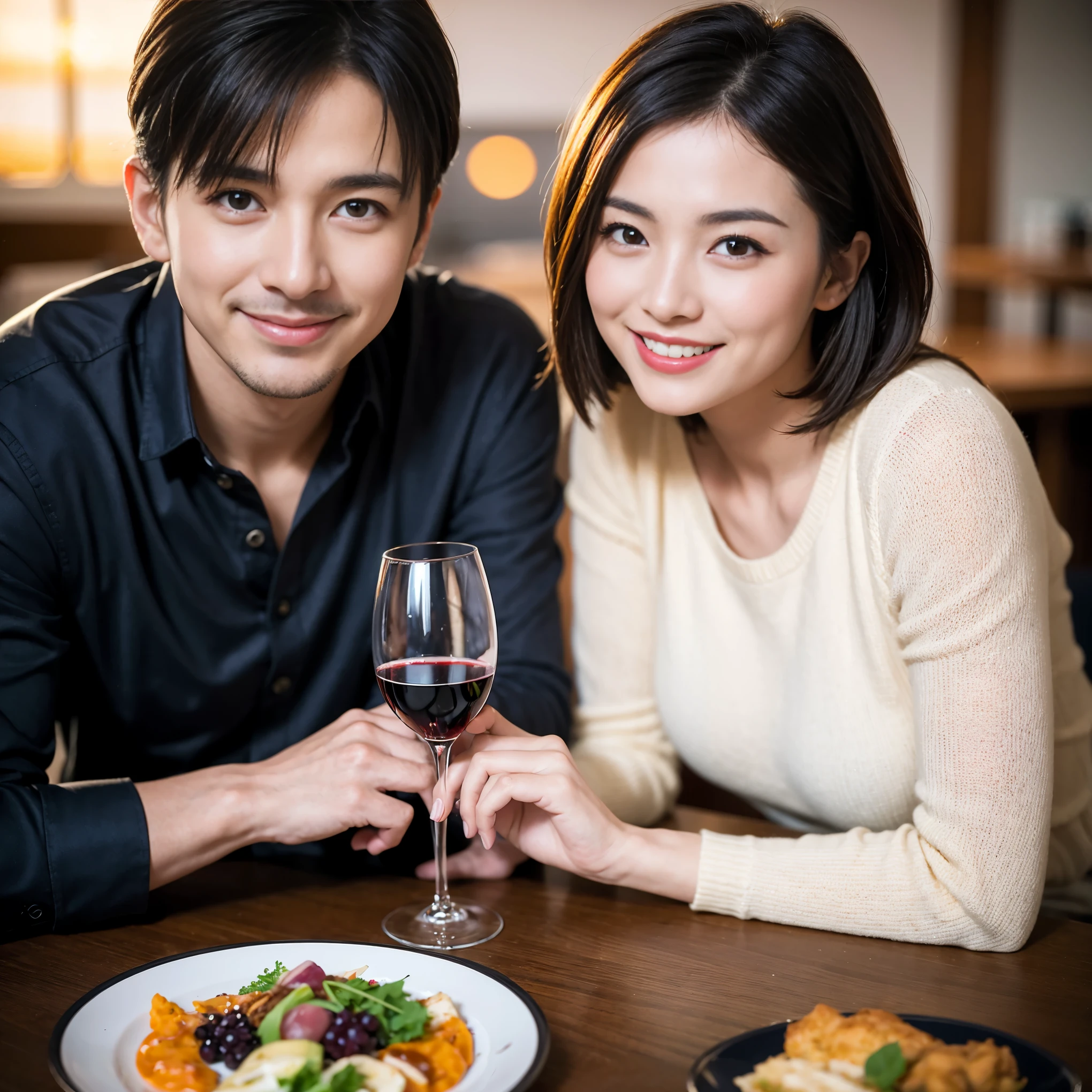((highest quality、8k、masterpiece:1.3))、 (Realistic, Real、Bright image、Intricate details:1.2), Best smile 1 man 1 woman、Beautiful couple、lover、couple、spouse、Beautiful couple、Happy smile、full-course dinner、 (Slim face), (Slim Body), (Brown Hair), (Short Hair), テーブルの上のwine glass、Please put light on my face、 Amazing view of the sunset sky and clouds、 (Age 42), 39 years old, red wine 、Appetizers、Wine bottle、sparkling wine、Long sleeve shirt、dress、White wine, red wine, wine glass,