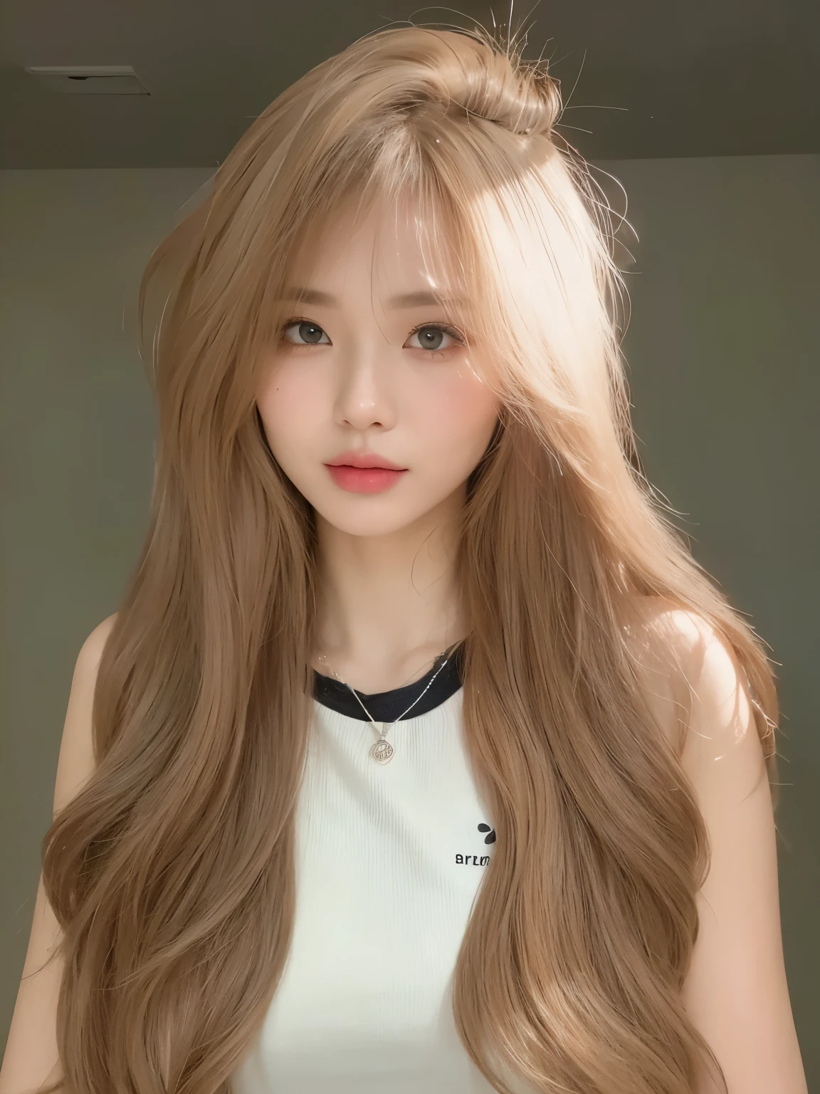 masterpiece,Best quality,Girl wearing white knitted T-shirt,Milk tea colored hair,Very curly hair,Flowing long hair,Long curly hair,Cool Girl,A girl,Exquisite facial features,