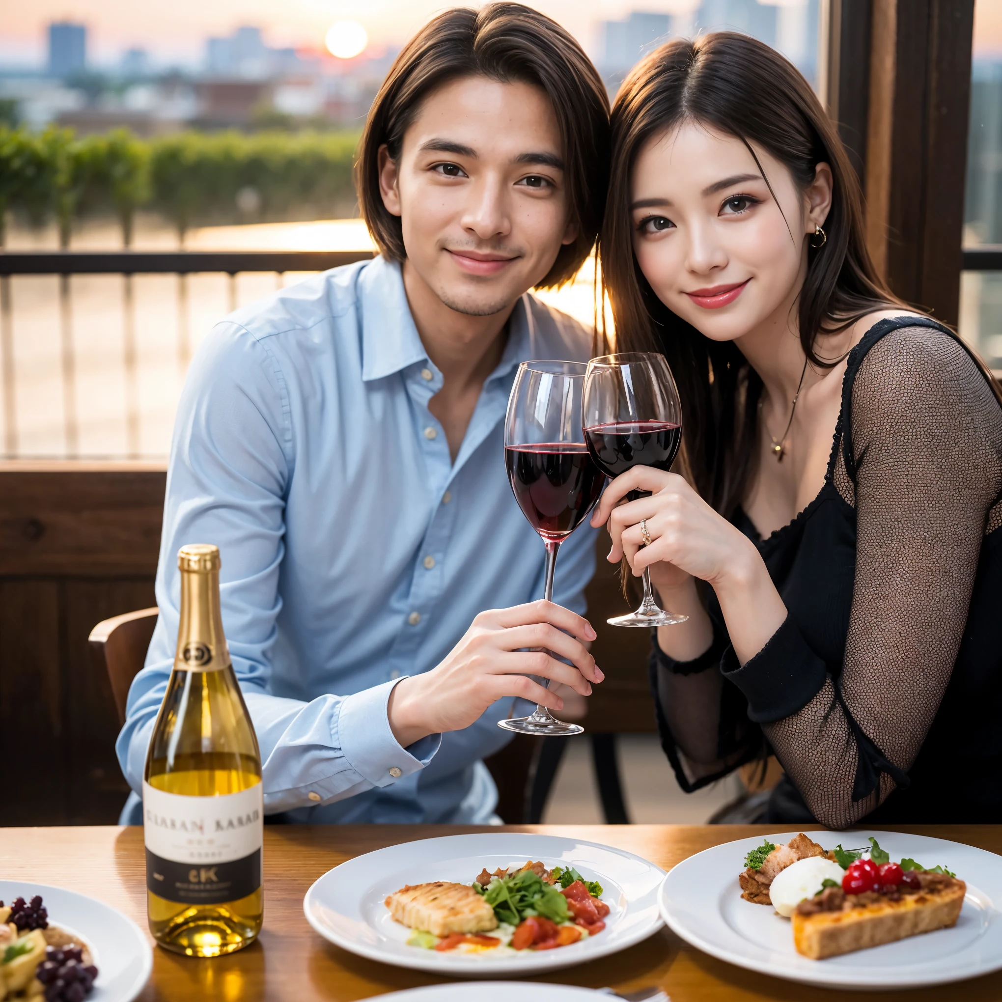 ((highest quality、8k、masterpiece:1.3))、 (Realistic, Real、Bright image、Intricate details:1.2), Best smile 1 man 1 woman、Beautiful couple、lover、couple、spouse、Beautiful couple、Happy smile、full-course dinner、 (Slim face), (Slim Body), (Brown Hair), (Short Hair), テーブルの上のwine glass、Please put light on my face、 Amazing view of the sunset sky and clouds、 (Age 42), 39 years old, red wine 、Appetizers、Wine bottle、sparkling wine、Long sleeve shirt、dress、White wine, red wine, wine glass,