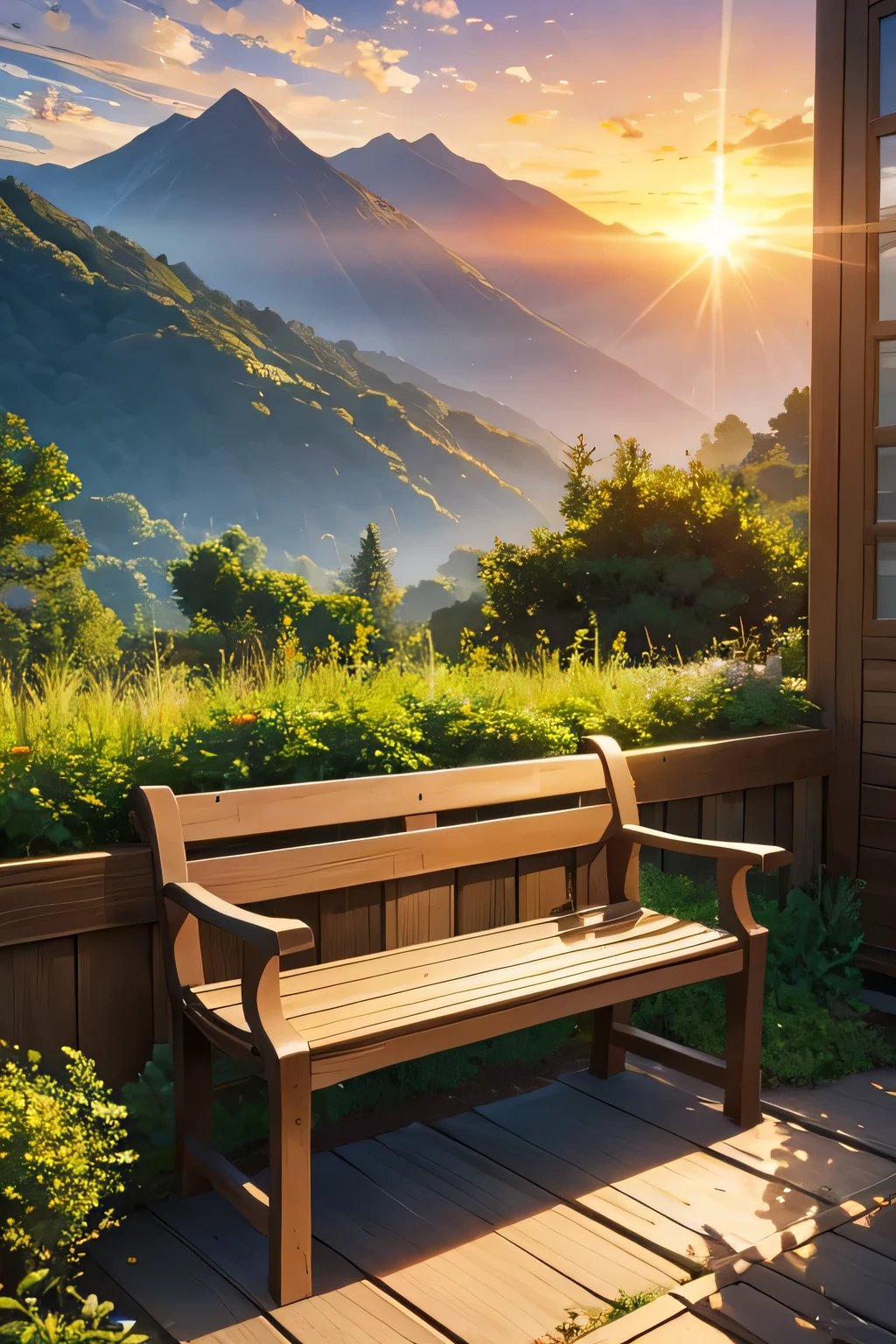 Wooden garden bench. The sunrise is beautiful and calm. Over the mountain.