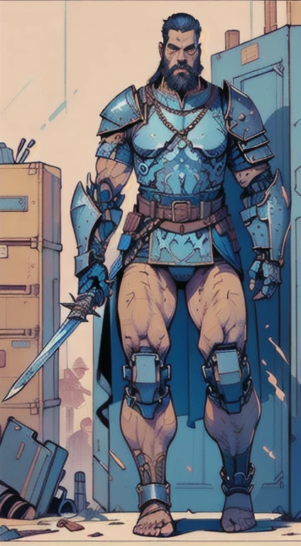 1man, giant brutish man, perfect proportions, anatomically correct, (head to toe: 2.0), (full body image: 2.0), solo, extremely stylized, masterpiece, highly detailed, detailed eyes, expressive detailed eyes, detailed pupils, futuristic, ((wearing medieval armor )), ((holding a sword and shield)), (cybernetic arms:1.4), big boots, entire body image, full body shot, large beads, (large tassels), inkpunk, paint platter, ink splatter, (action pose:1.0), ((chainmail shirt)), old warrior, long beard, ((armor shoulders))