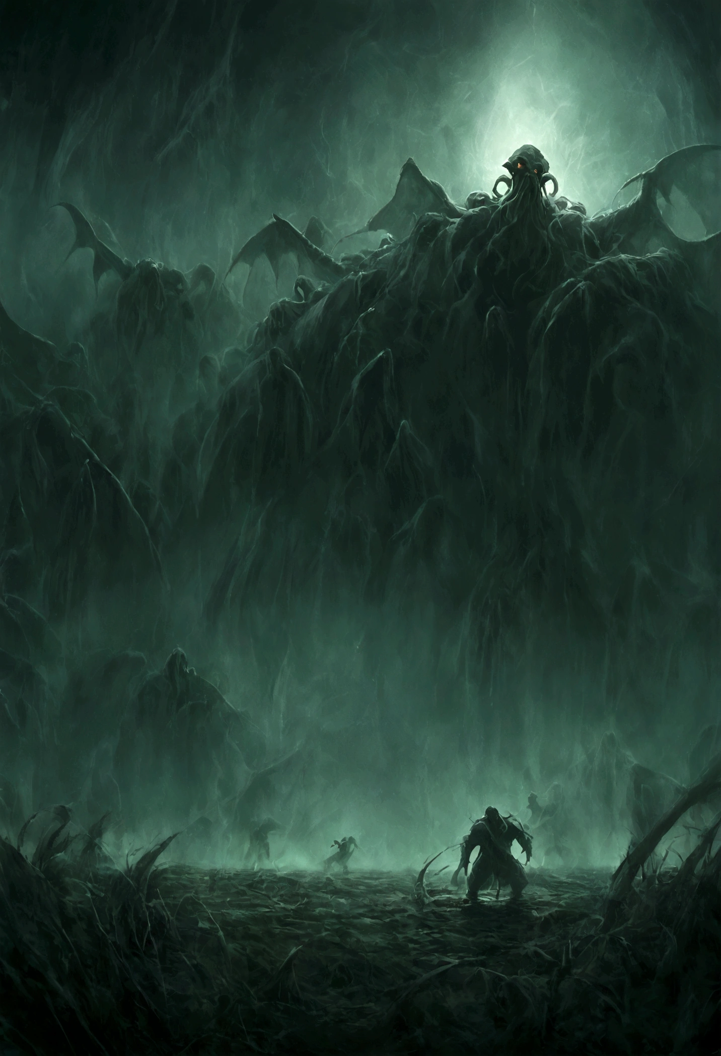 A Cthulhu walking on the swamp and screaming surrounding.. a dark scene and scary scene, random pose