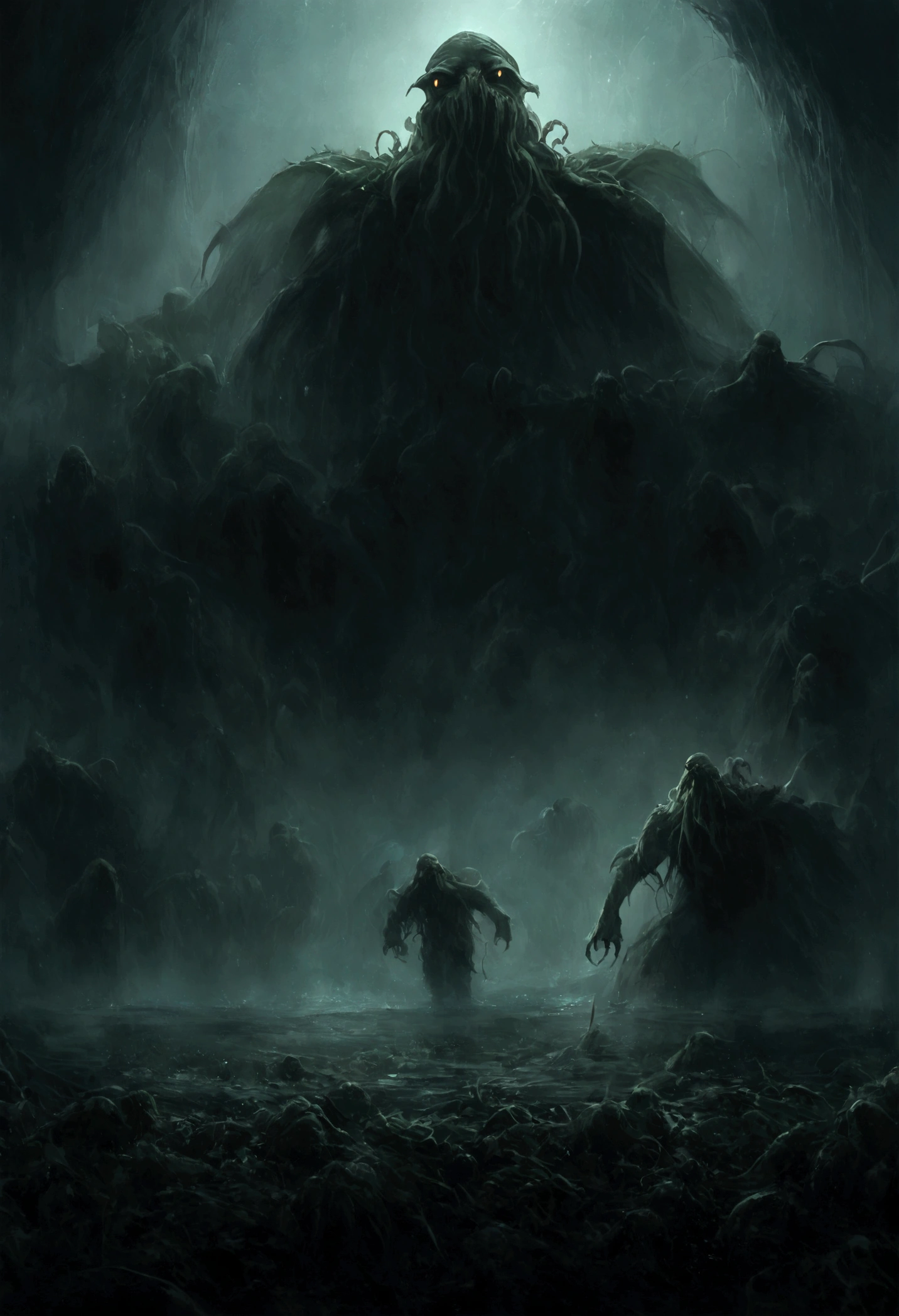A Cthulhu walking on the swamp and screaming surrounding.. a dark scene and scary scene, random pose