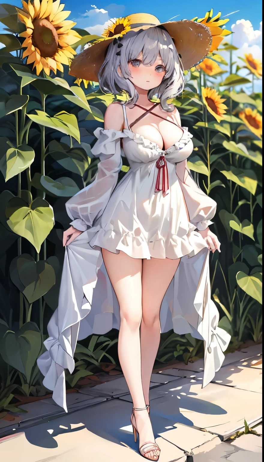One Girl、Silver Hair、、positive、Standing posture、Full body portrait、Medium Haircut、blush、Absolute area、No panties、No bra、barefoot、White dress、Off-the-shoulder dress、(Very large breasts)、Cleavage、((Lesbians around the world))、masterpiece、(highest quality)、barefoot、((White high heels))、Bare your breasts、sunflower、Outdoor、Very short skirt、Thighs、Straw hat、((Exposing the breasts))、((Bare your breasts))、((Showing nipples))