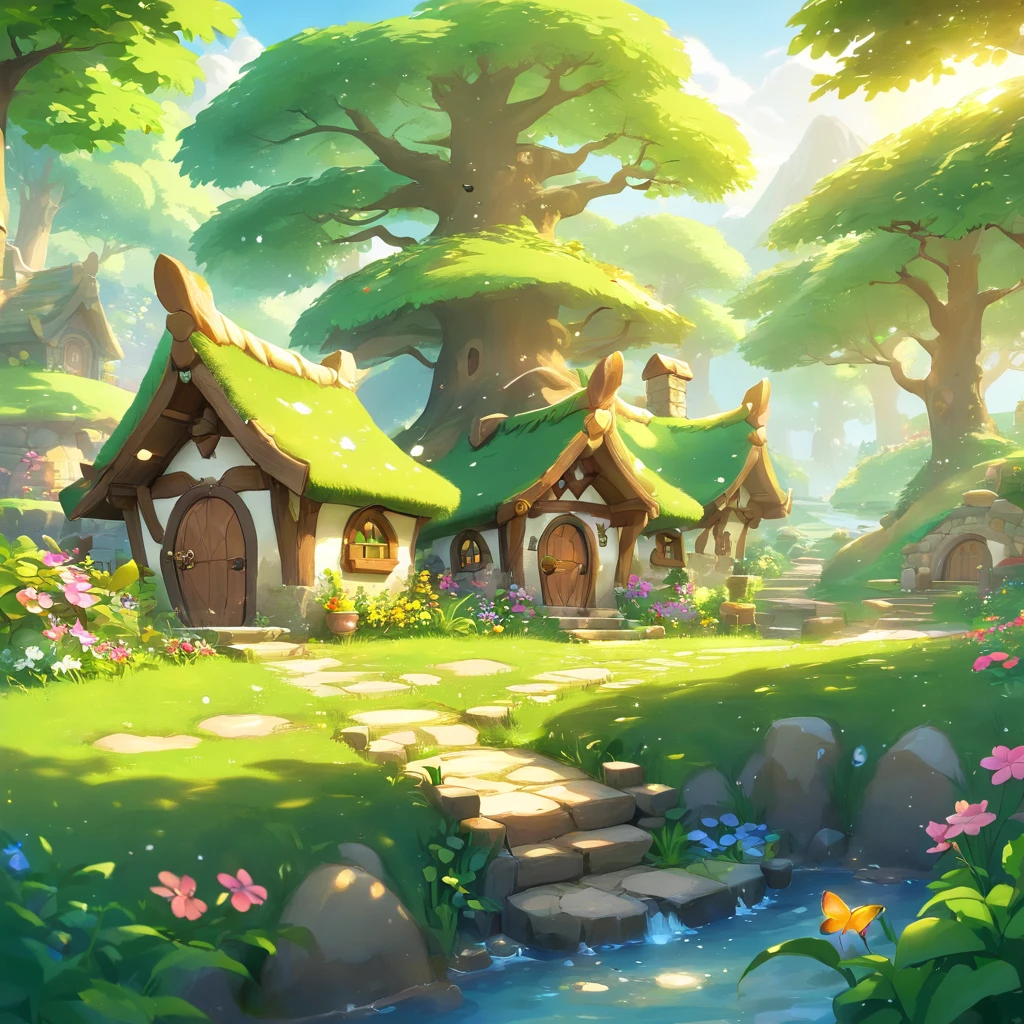 Masterpiece, best quality, high high quality,extremely detail,8K,imagine a magical realm where anything is possible, a sparkling brook runs through a magical (fairy village), flowers adorn the entranceways, nature sings, full of life, inspiration and love are underlying themes, epic fantasy, fairy tale, intricate details, highly detailed houses line the path, the air sparkles and shines with dew drops, (nature elements), (fairies), (glowing twinkles), (Particle effect) and other 3D,Octane renderingRay trachingSuper meticulous, Depicting the harmony between magic and nature