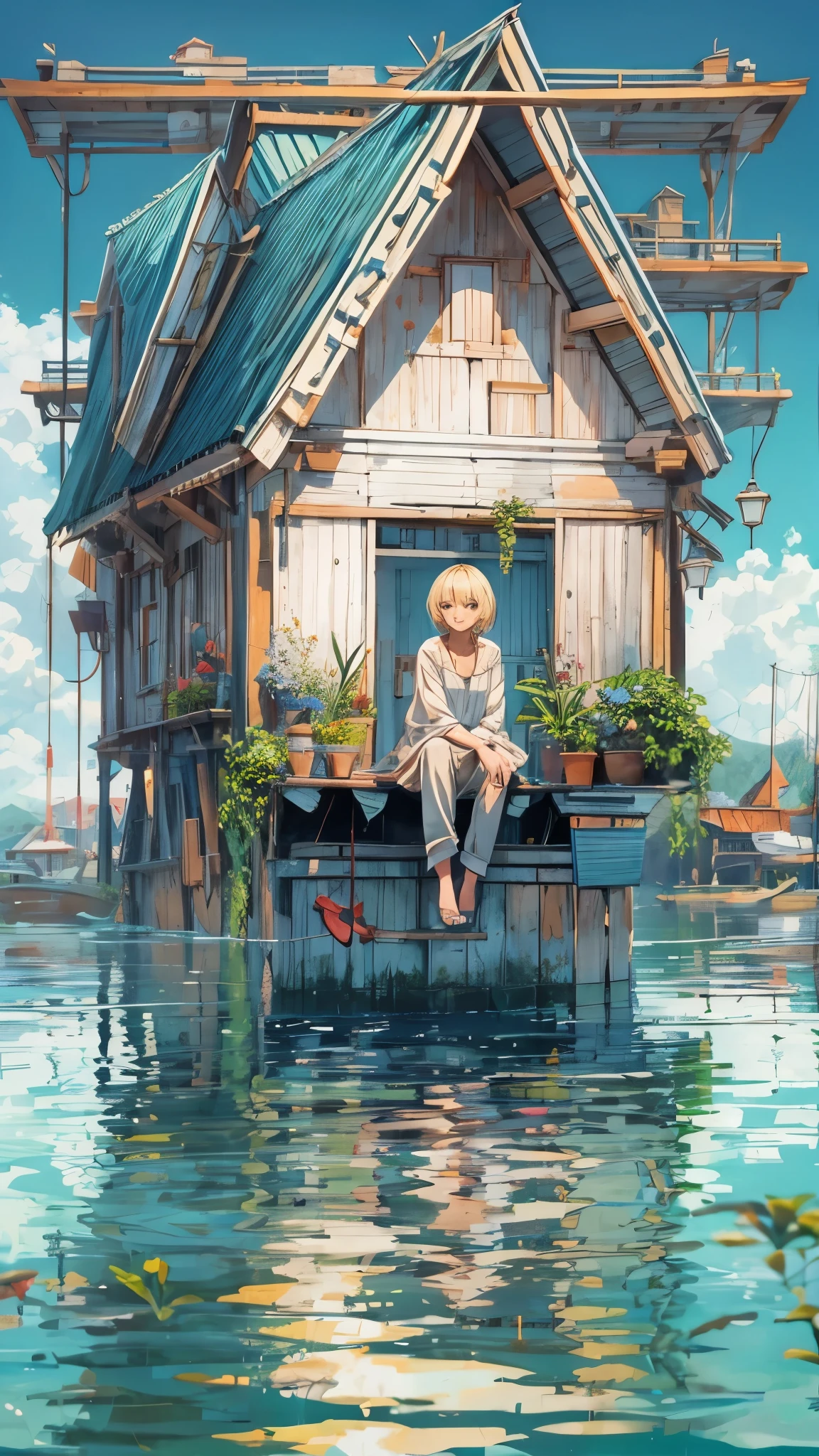 Outside the submerged city,floating houses,one 20years old woman,blonde short hair,sitting on the floating house