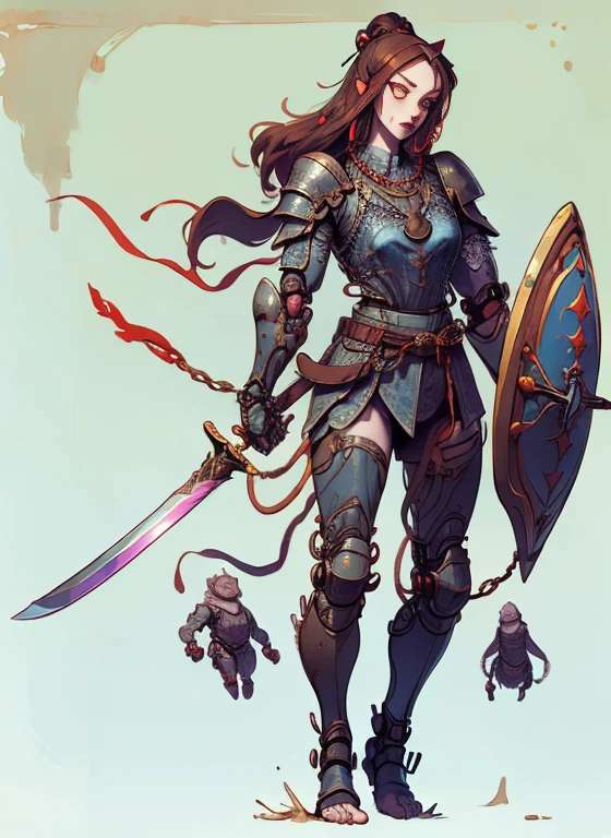 1 giant troll, perfect proportions, anatomically correct, (head to toe: 2.0), (full body image: 2.0), solo, extremely stylized, masterpiece, highly detailed, detailed eyes, expressive detailed eyes, detailed pupils, futuristic, ((wearing medieval armor )), ((holding a sword and shield)), (cybernetic arms:1.4), big boots, entire body image, full body shot, large beads, (large tassels), inkpunk, paint platter, ink splatter, (action pose:1.0), ((chainmail shirt)), old warrior, long beard, ((armor shoulders))