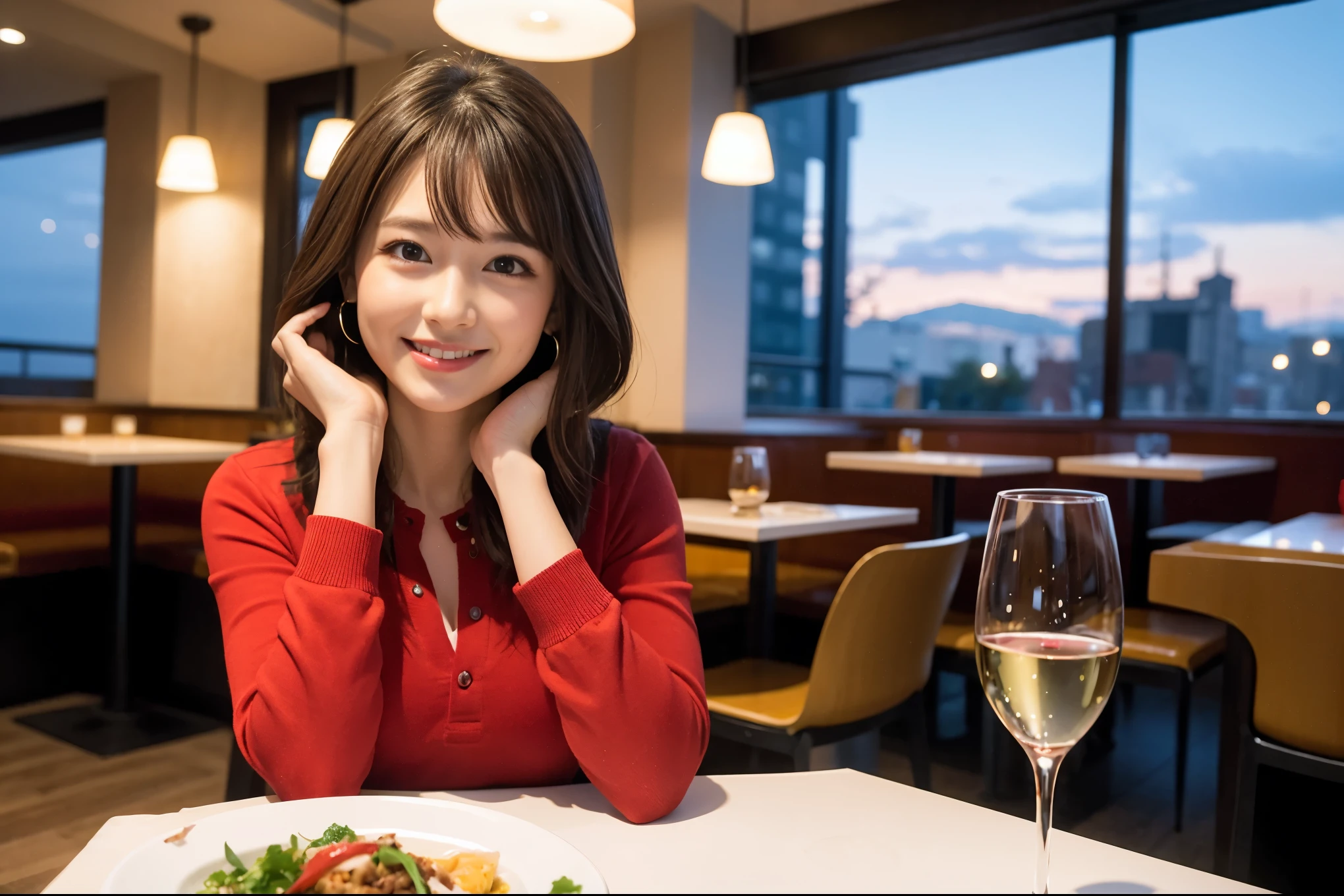((highest quality、8k、masterpiece:1.3))、1 male、1 female、石原さとみ似美女Couple、lover、Couple、The body is slim、full-course dinner、テーブルの上のwine glass、Put the light on your face、 Amazing view of the sunset sky and clouds、A bright smile、The wonderfulness of smile、Bright image、 short hair,Bright Face、 (Age 37), "41 years old, red wine 、Appetizers、Italian food、Wine bottle、Champagne、sparkling wine、Two beauties、Brown Hair、Shortcuts、Long sleeve shirt、dress、Pretty Woman 1, (slimな顔), (The body is slim), (Brown Hair), (Shortcuts), cheeks turn a little red,Attractive beauty、restaurant, In a prominent place (From the waist up) Nova Frog Style, actress, model, Upper Body, White wine, slim, wine glass, 中央に置かれたwine glass, smile, (smile: 1.15), Beautiful fine grain, Depth f/2,saturation, High Contrast, Strong light and shadow,Moist Body:1.5、3D texture、Delicate eyes、Brown Hair、The hair is very shiny、