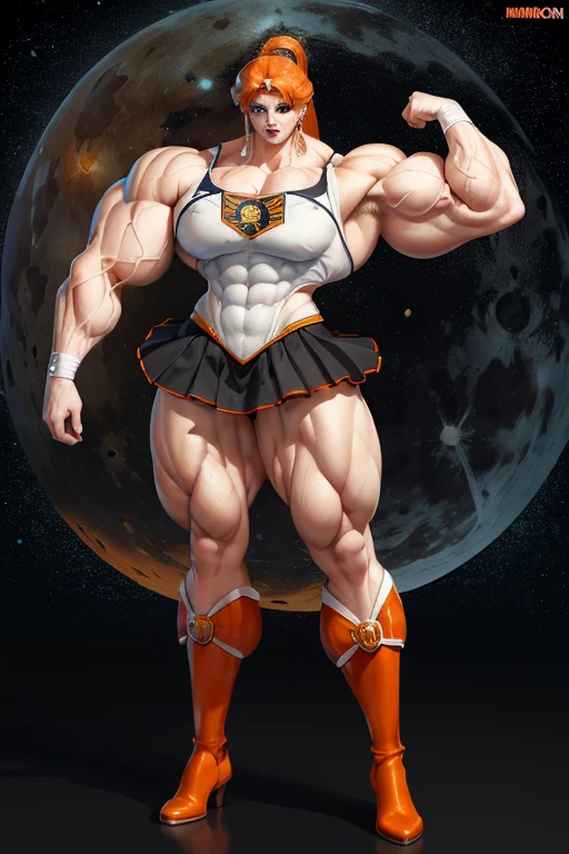 ((((Massive, tall, beautiful, buff, pale white skinned muscular woman with orange hair, black lipstick, ginormous bulky muscles and wearing a orange mechanized sailor moon costume and skirt)))), (close view), (massive muscles), massive biceps, hyper muscle triceps, (long shaggy hair), green eyes, orange tiara, sailor moon boots, orange fire, in space, Venus, night time, smirk, hyper muscles arms, hyper muscle legs, (massive arms).