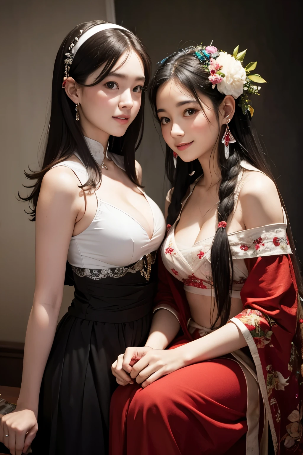 (High resolution photo, busto, 1 garota, 28 anos de idade, mulher, Detalhes faciais, fat , waist accessories, holding hands, sorriso, mostrando menos dentes, Pele branca, tronco, Roupas tradicionais chinesas, pose de modelo, studio lighting)