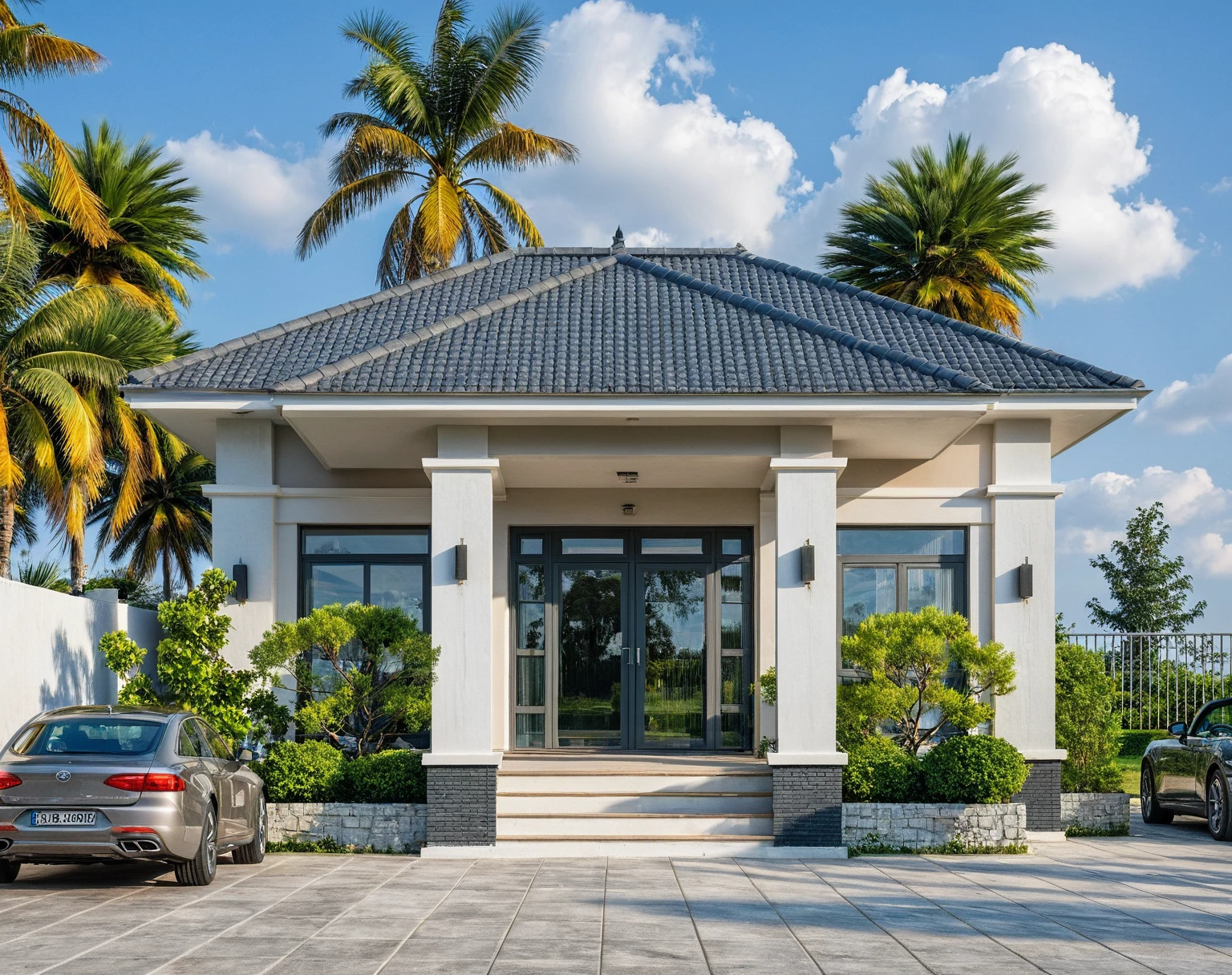 Masterpiece, high quality, best quality, authentic, realistic scene, super detail, outdoors, house on the street ,white wall, glass window, steel gate, road, pavement, grass, trees, sky, cloud, car (daylight:1.1)
