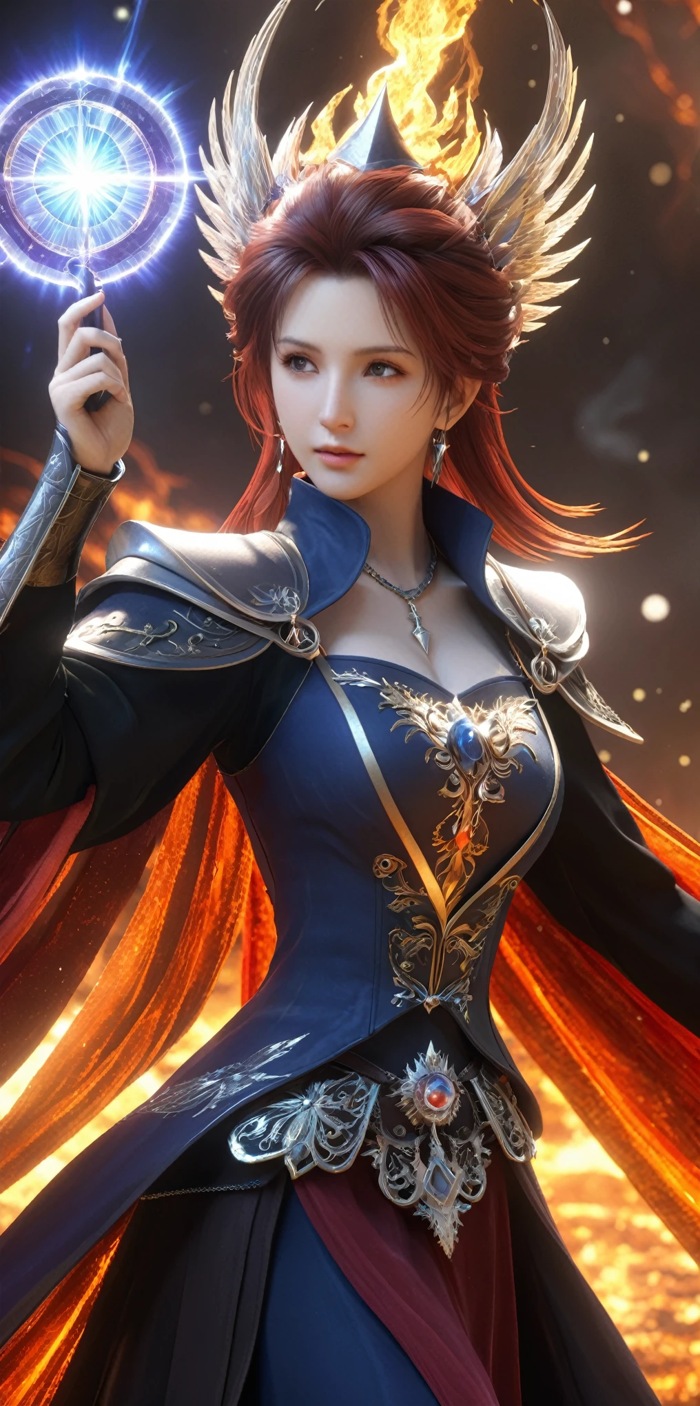 (8k, highest quality, masterpiece, final fantasy style: 1.2), (Realistic, photoRealistic: 1.37), Super detailed, One Girl, {black mage imbued with light}, Wide viewing angles, huge firm bouncing bust, Very delicate depiction, Miniature painting, Detailed depiction of the face, Detailed depiction of hair, Accurate skeleton, Dress with intricate patterns, Complicated armor, long thick sword,dream-like,Ultra-realistic mixed fantasy world,A mix of realistic and fantastical elements,Magical Effects,(Magic circle on the ground, Casting a Spell, Swirling Magic, Light particles),Dynamic Light,red,fire, red fire eyes,elegant,Rays of Sin,dark,(dark magic), (strict), The battle between good and evil, (Swirling Flames:1),universe, lightning, eruption, magic circle, Complex patterns, Phoenix, Shiva, Titan, Leviathan, (huge mother crystal:1.2)