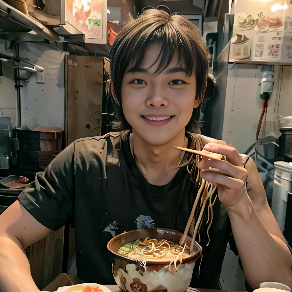 8K, ultra detailed, (realistic:1.2), masterpiece, 40yo, (ramen:1.4), BREAK A man wearing a black T-shirt, (short hair:1.3), (muscular, fat:1.0), Ramen restaurant kitchen,(smile:1.3), (ramen is nearly by the man:1.4)
