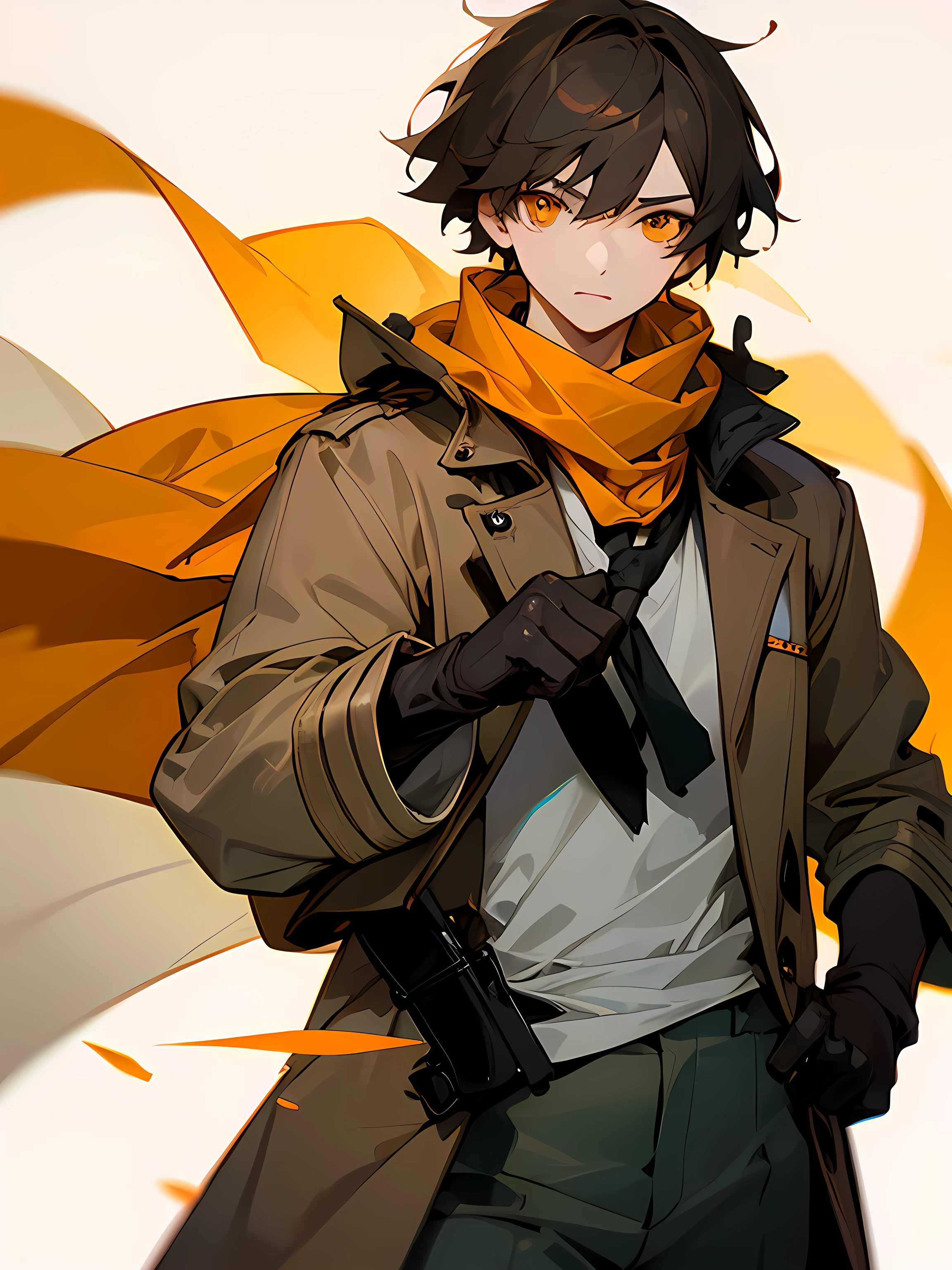solo, upperbody, black ash color boyish short hair, yellow scarf, long brown coat, gray pants, orange eyes, black gloves, BREAK, small white tiger, fantastic background,