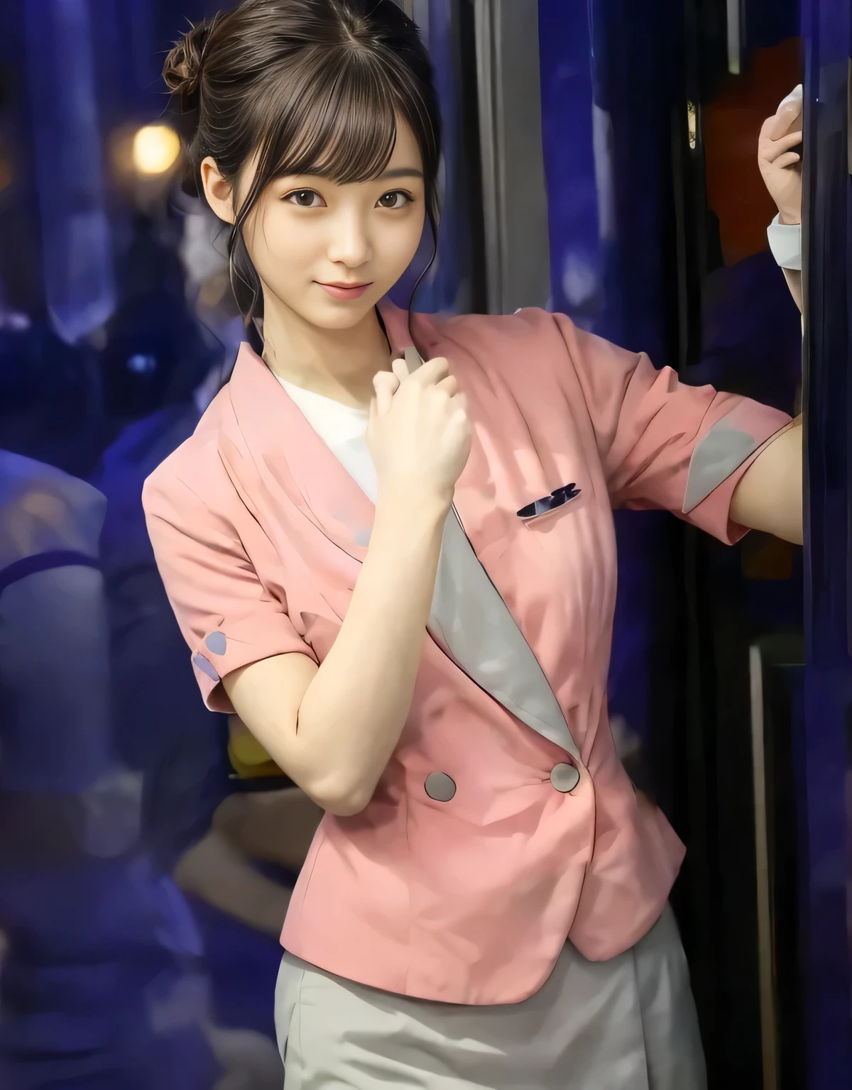 (masterpiece:1.2, highest quality:1.2), 32K HDR, High resolution, (alone、1  the rooftop of a building in the daytime、Professional Lighting）、Building rooftop background、（Nankai train crew uniform pinkを着たリアルスタイル）、（Nankai train crew uniform pink short sleeve collarless pink jacket、Nankai Train Crew Uniform Pink Collarless Short Sleeve Blouse、Nankai Train Crew Uniform Pink Grey Knee-length Culottes）he bottom of the pink short-sleeved jacket cannot be tucked into the clay-colored culottes.））、Dbrown hair、（Hair tied up、Hair Bun、n）、Dark brown hair、LonBig Breasts、Thin legs、（（Great h（（Harmonious body proportions：1.5）），（（Normal limbs：2.0）），（（Normal finger：2.0）），（（Delicate eyes：2.0）），（（Normal eyes：2.0））)、（Nankai Train Crew Uniform Pink Grey Knee-length Culottesを見せた美しい立ち姿）、smile