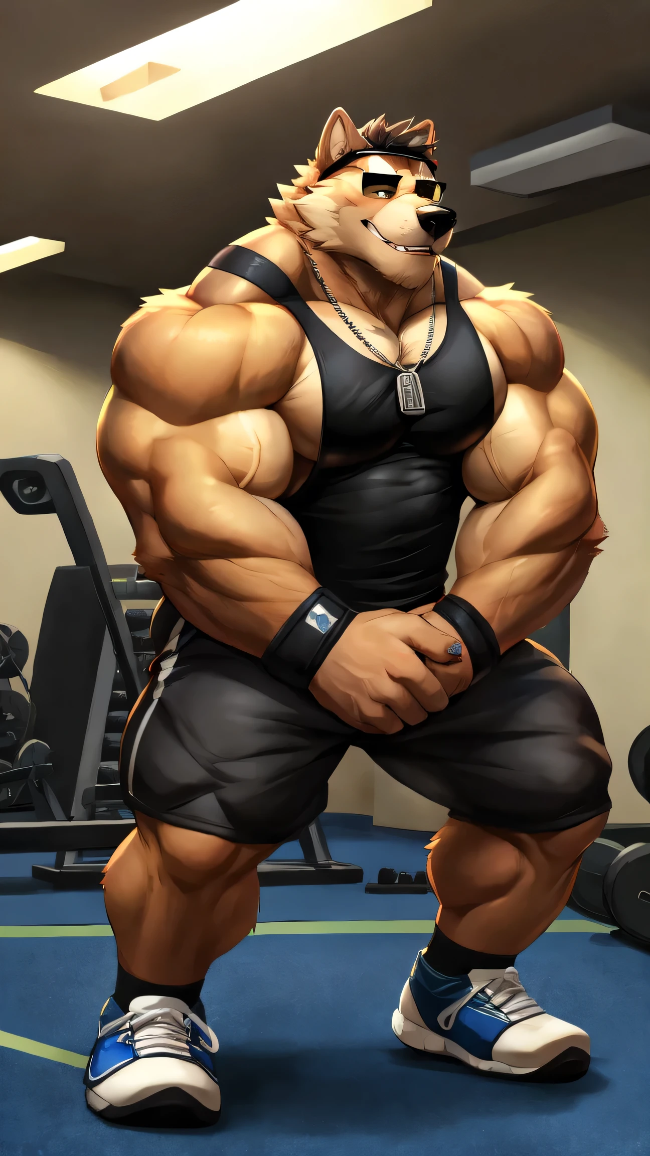 By dangpa, By daveoverlord, by kuulongarl, by takemoto, by kusunagi grizzly bear, muscular, topless, military, gym, working out, training, giving 20 pushups on the floor, huge, large, black tank top, black gym shorts, black wristbands, black gym shoes, dog tag necklace, wearing black sun glasses, attractive guy, 8k furry art
