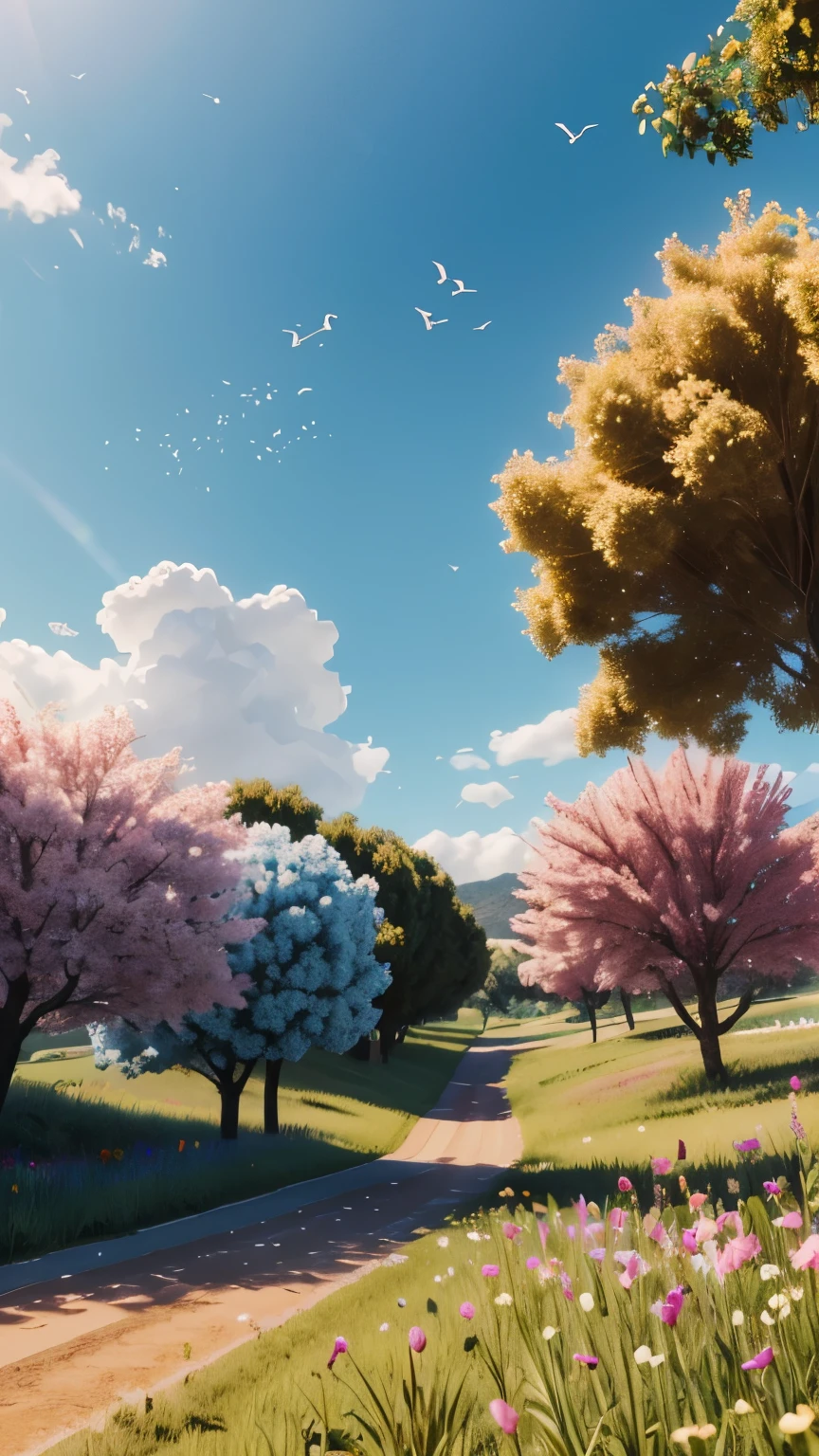 Paisagem Linda com flores Sharp (Sharp),(campo de rosas ),(blue sky),(birds flying),(borboletas coloridas voando), (mulheres felizes caminhando),(physically based rendering),(Cores vivas)