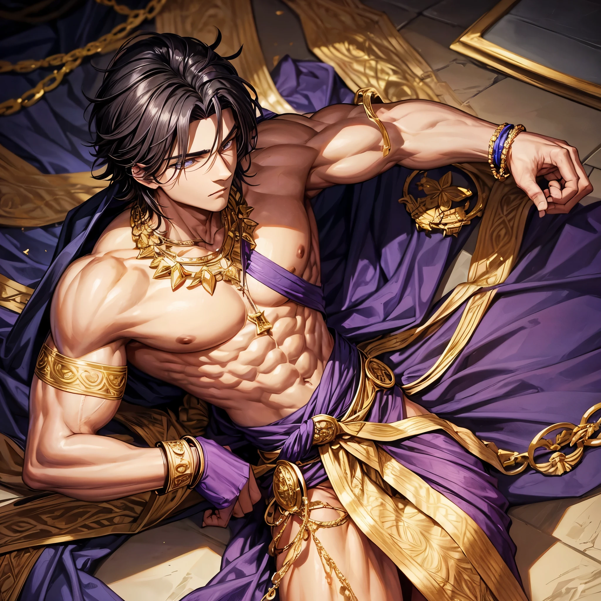 an illustration of a young male character with a muscular build and defined abs. He has short, tousled dark gray hair and golden eyes. He is adorned with gold accessories, including bracelets and a necklace. The character is wearing a purple cloth draped around his waist, decorated with gold ornaments. It is nighttime. He appears to be reclining with a confident and relaxed expression, and there is a patterned cloth behind him. anime style