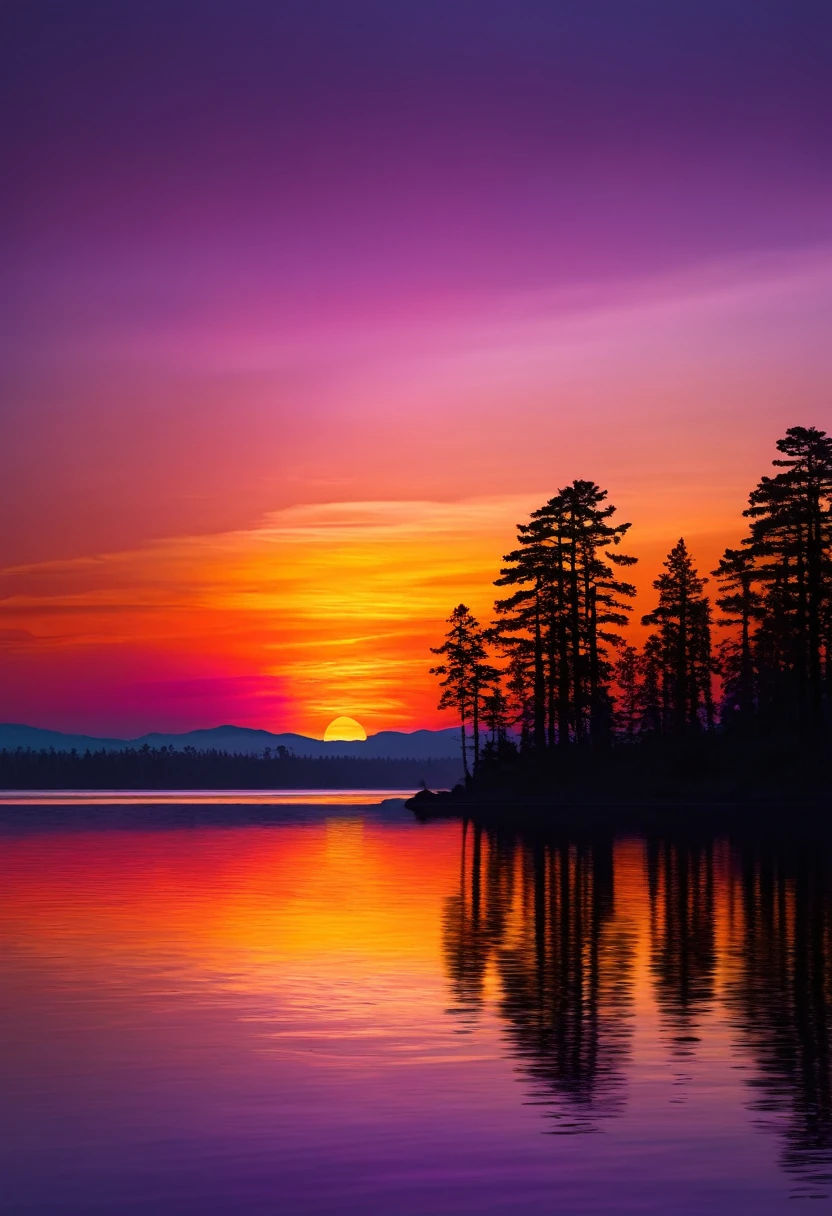 An incredible sunset over a serene landscape. The sky is ablaze with vibrant hues of orange, pink, purple, and red, blending seamlessly into one another. The sun is partially below the horizon, casting a golden glow across the scene. In the foreground, there is a calm body of water reflecting the brilliant colors of the sky. Silhouettes of trees and possibly a distant mountain range or city skyline add depth to the scene. The overall mood is peaceful and awe-inspiring.
