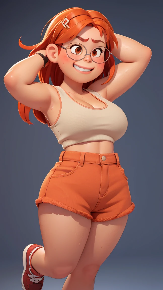 (shiny skin), body focus, (navel visible), (((hips visible))), illustration, ((very oversized tank top)), , Beautiful body, Beautiful character design, ,perfect lighting, Colorful, Bright_Front_face_Lighting, (vibrant_color:1.2), (Beautiful, large breasts:1.4), full body view, dolphin shorts, adult, adult,
Reddish-orange hair, red hairclip, circular glasses, (brown eyes:1.2), tank top, smile (chubby:1), extremely short shorts, of small stature, glistening sweat, cleavage, ((Raise your arms behind your head)), ((spread legs)), 