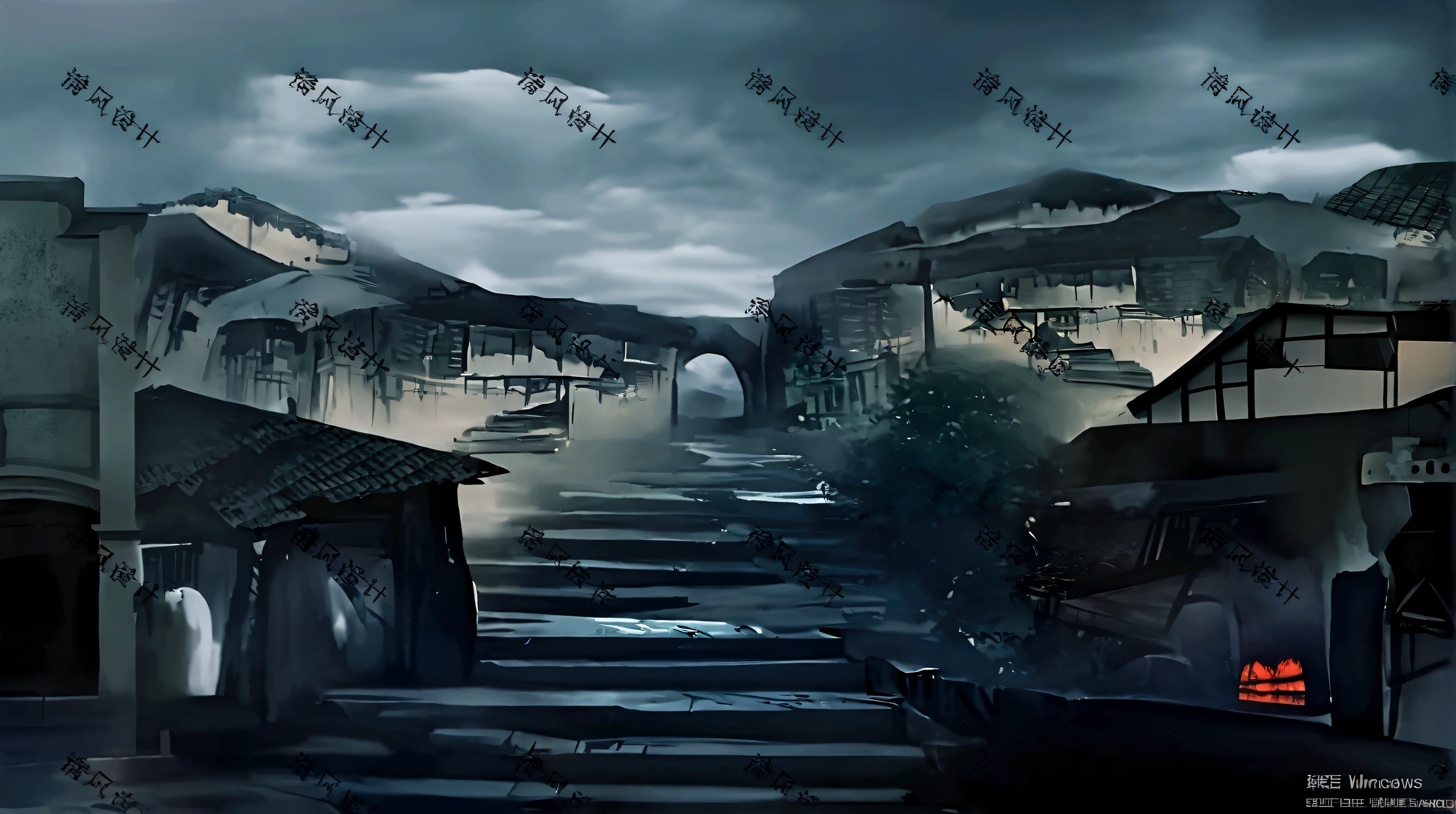There is a street picture,There are many stairs up there, Ancient city landscape, The background is a ruined city, dark ruins landscape, Digital painting, Dreamy Chinatown, Disturbing background, dota matte concept art, Game Art Painting, Dramatic painting, matte sharp painting, Cyberpunk Chinese Ancient Castle, Matte Digital, The ancient city streets behind her