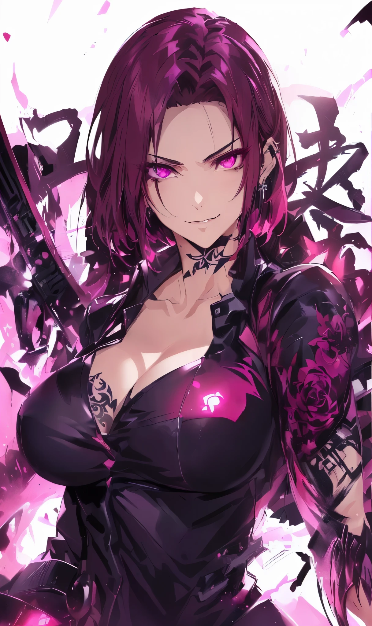 a close up of a woman with a tattoo on her arm, pink eyes, badass anime 8 k, official art, demon slayer rui fanart, detailed anime character art, evil smirk, portrait of a female anime hero, demon slayer artstyle, badass pose, seductive anime girl, sultry smirk, anime style character