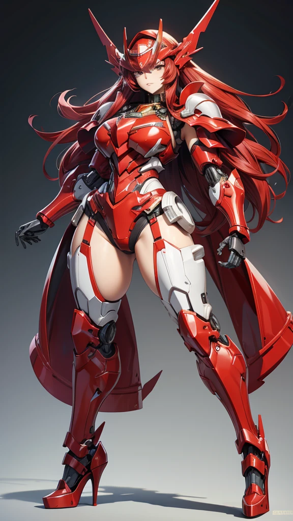 Large female mecha with long red hair,Face,helmet,Full body red armor,mechanical joint,Chest,fit,,high heels,front