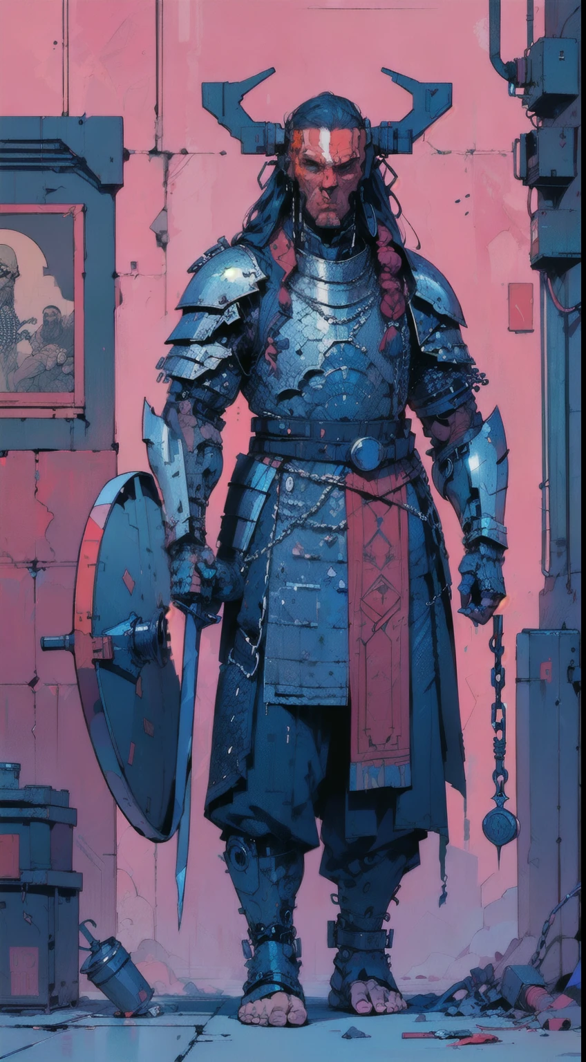 1man, giant brutish man, perfect proportions, anatomically correct, (head to toe: 2.0), (full body image: 2.0), solo, extremely stylized, masterpiece, highly detailed, detailed eyes, expressive detailed eyes, detailed pupils, futuristic, ((wearing medieval armor )), ((holding a sword and shield)), (cybernetic arms:1.4), big boots, entire body image, full body shot, large beads, (large tassels), inkpunk, paint platter, ink splatter, (action pose:1.0), ((chainmail shirt)), old warrior, long beard, ((armor shoulders))