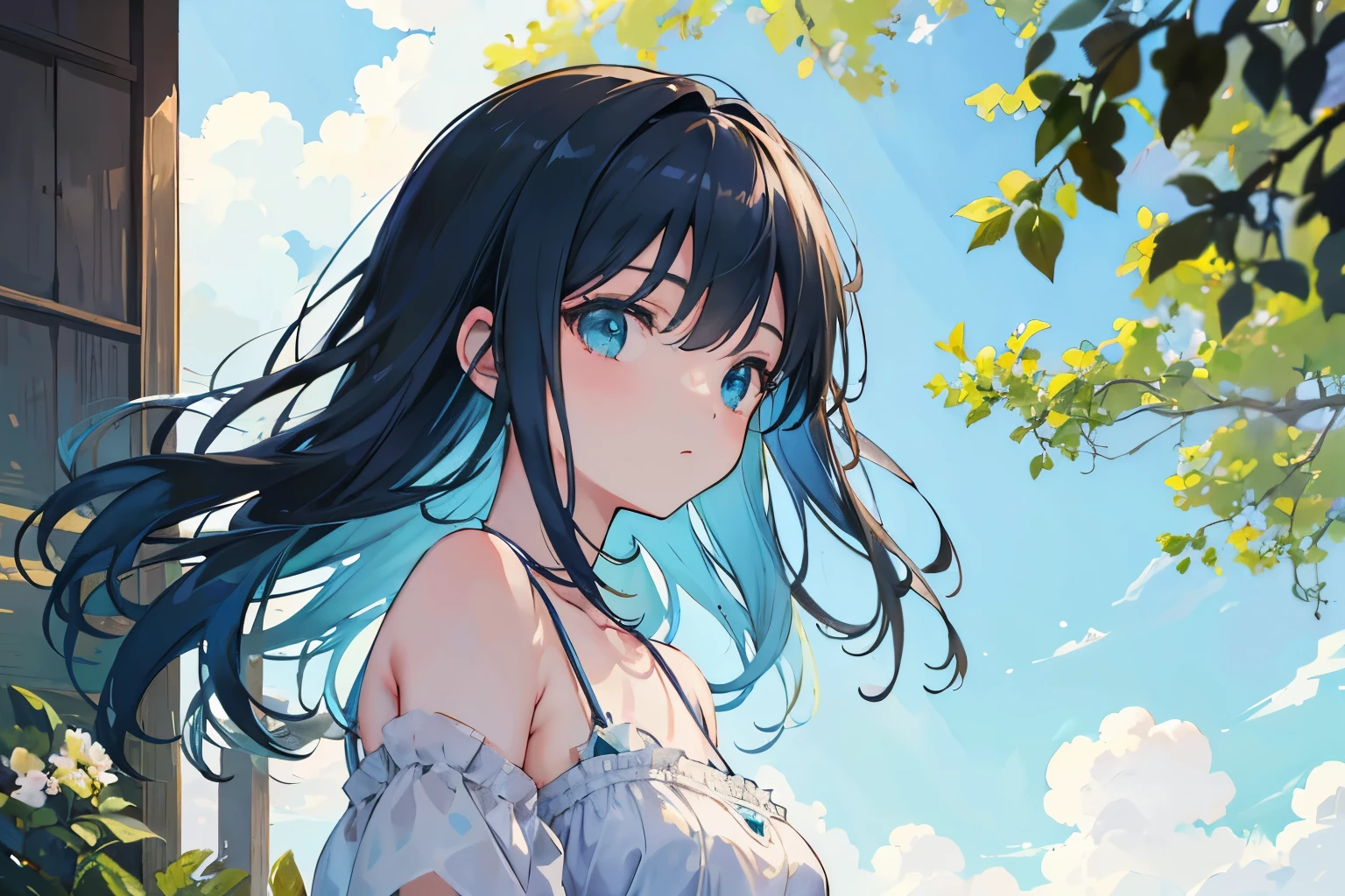 Create exquisite illustrations reminiscent of Makoto Shinkai's style, It has ultra-fine details and top-notch quality. Generate a high-quality illustration depicting a scene of summer where a beautiful girl's hair is blowing in the wind. Ensure that the overall composition exudes a sense of nostalgia and fantasy, with intricate details capturing the essence of a nostalgic summer day. Pay attention to elements such as the gentle breeze ruffling the girl's hair, the warm sunlight casting dappled shadows, and the serene expression on the girl's face as she enjoys the tranquility of the moment. Aim for a finely crafted artwork that transports viewers to a nostalgic and whimsical summer scene. best quality, masterpiece