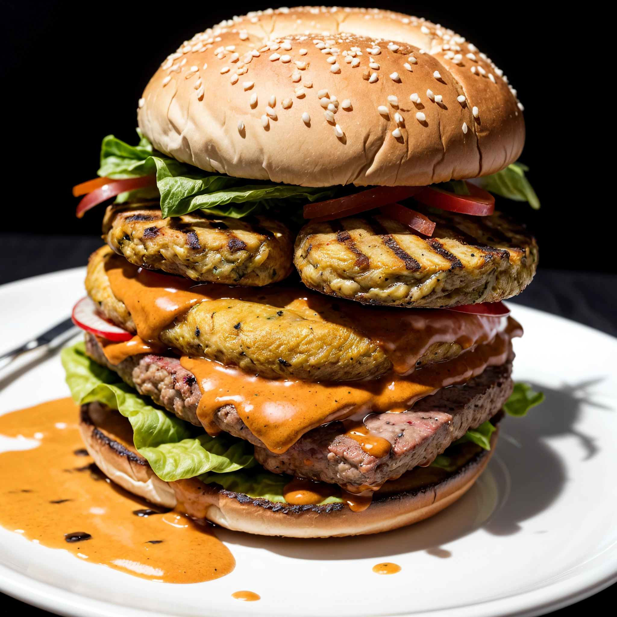mouth watering burger, on white plate, extra cheese, oozing black paper sauce, still life photography, macro, sharp focus, bokeh, vibrant, (realistic:1.3), sparkling juicy meat,