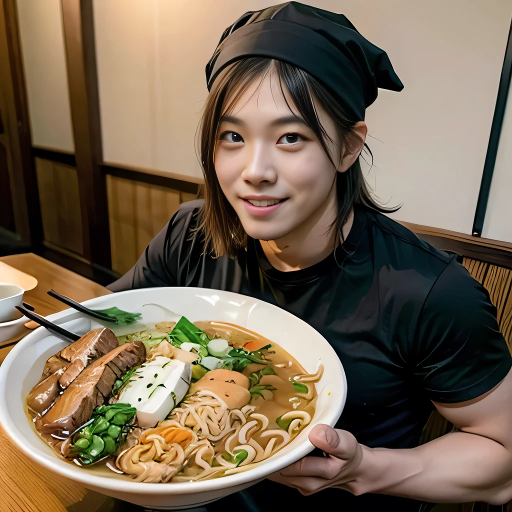 8K, ultra detailed, (realistic:1.2), masterpiece, 40yo, (ramen:1.4), BREAK, A man wearing a black T-shirt and a white bandana on his head, (muscular, fat:1.0), BREAK Ramen restaurant kitchen,(smile:1.3), BREAK (ramen is nearly by the man:1.4)