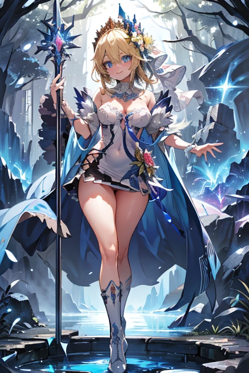 ((highest quality)), ((masterpiece)),(detailed),High resolution,Sharp focus,Perfect Face,{best illustration},(complete anatomy),
(非常にdetailed CG unity 8k wallpaper),(((Vibrant colors))),Official Art,granblue fantasy,
((detailedなボディ)),(detailedな顔)), cute,Lewd,erotic,Bold,Camel Toe,
very shiny 肌,Shiny body,plastic glitter 肌,exaggerated shiny 肌,illuminated skin,
Big Breasts,glamorous,Tight waist,Long legs,curve,Cleavage,erotic,Bold,Revealing clothing,show 肌,
(Realistic eyes, Natural skin texture, Realistic facial details),Europa,, Blonde,Blue Eyes,Beauty,Tiara with flowers and veil,
(Flying debris, 超High resolution),(((Light blue and white theme))),Wear an iridescent aura,Invisible Light, Amazing shine, Sky blue glow, The colors of another world,
Bright colors, Ghostly Effects,Surreal Landscape,
White Mini Dress,White boots,Dark blue skirt-style cloak,Gold Jewelry,smile, Open your mouth,embarrassed,((Standing Split:1.4)), ((standing on one leg)),((leg up)),I-shape balance, cowboy shot, dynamic pose,
Ancient forest,Forest Fountain,Silent Water Surface,Plants are overgrown,reflection,Dazzling Light, Ancient ruins buried in the forest,weed,