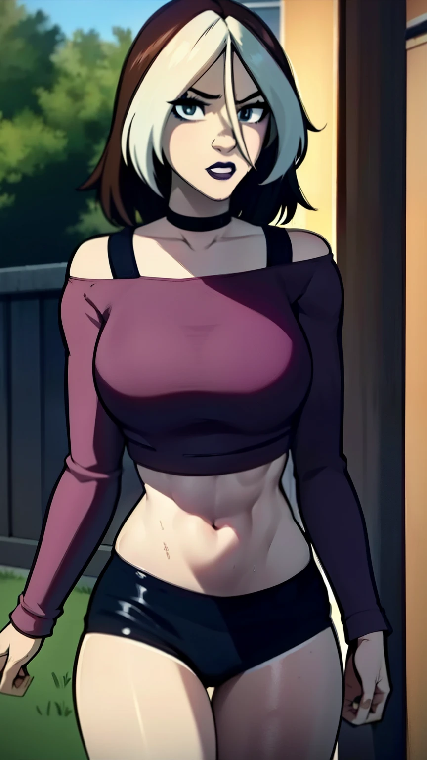 {{age female, caucasian}}, looking at viewer, hazel eyes, extremely detailed, brown hair, pink clothes, bully, mean girl, tough girl, , bruises, scars, happy, best quality, high quality, extremely detailed anime screencap, full body