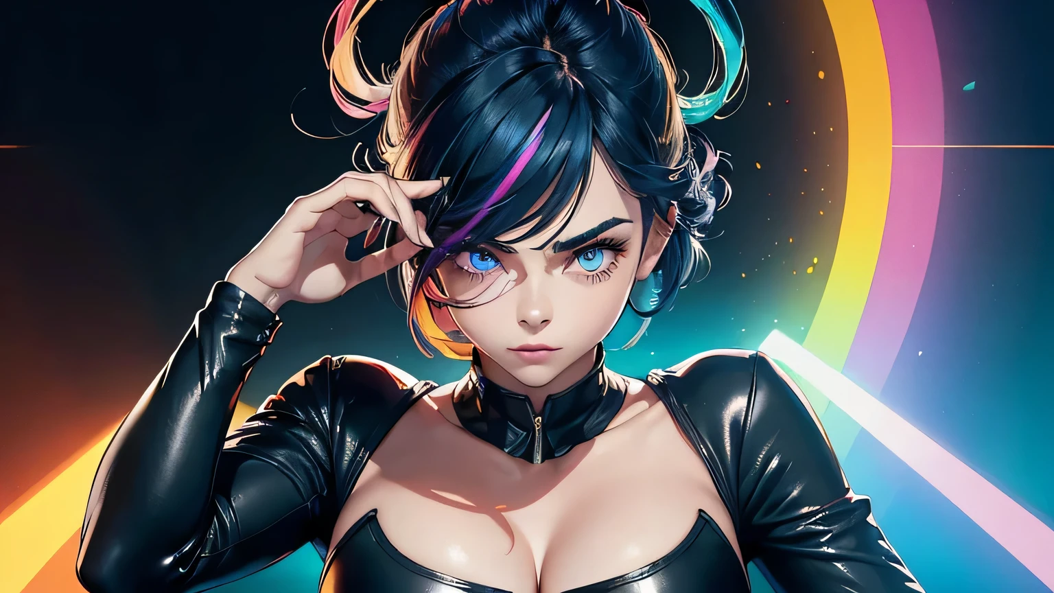 4k, A high resolution, Best quality at best, Obra de arte, cores perfeitas, sombra perfeita, Roupa perfeita, ((retrato esportivo)), 1 mulher, corpo em forma, Heterochromatic eyes,rosto de perto, cabelo azul escuro , olhos azuis, Com lentes redondas, The audience watched attentively, (cara: 1.2), figura feminina perfeita, ((dynamic pose em pé)), ((rainbow colored tight cropped top, meio peito, terno de couro colorido)), ((shy and looking at the viewer)), (Sobrancelhas brancas grossas e perfeitas) Pele delicada, Detailed cara, it's the perfect face, , (dynamic pose), fundo abstrato ciberpunk, ((Bonifasko Lighting)), (As lentes redondas em seus olhos)(olhos detalhados), Aluno perfeito, ((rosto de perto))