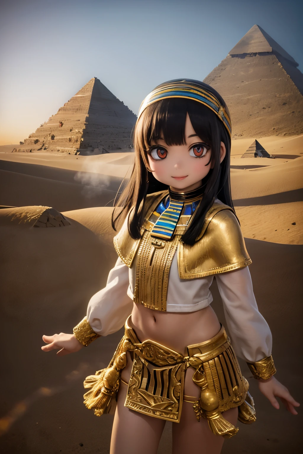 a young girl visiting the egyptian pyramids, smiling, adventurous style, energetic, highly detailed, photorealistic, 8k, hyperrealistic, extremely detailed, cinematic lighting, warm color tones, dramatic shadows, ornate jewelry, intricate clothing details, confident pose, dynamic composition, golden hour lighting, volumetric fog, atmospheric haze