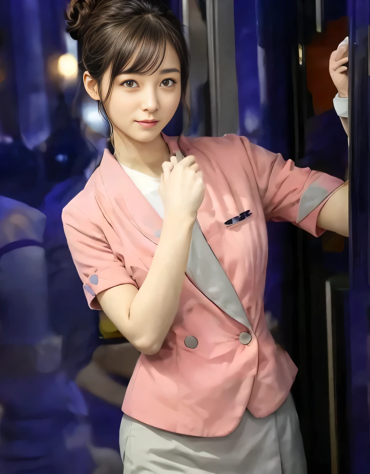 (masterpiece:1.2, highest quality:1.2), 32K HDR, High resolution, (alone、1 girl)、（On the rooftop of a building in the daytime、Professional Lighting）、Building rooftop background、（Nankai train crew uniform pinkを着たリアルスタイル）、（Nankai train crew uniform pink short sleeve collarless pink jacket、Nankai Train Crew Uniform Pink Collarless Short Sleeve Blouse、Nankai Train Crew Uniform Pink Grey Knee-length Culottes）、（（The bottom of the pink short-sleeved jacket cannot be tucked into the clay-colored culottes.））、Dark brown hair、（Hair tied up、Hair Bun、Hair Bun）、Dark brown hair、Long Shot、Big Breasts、Thin legs、（（Great hands：2.0）），（（Harmonious body proportions：1.5）），（（Normal limbs：2.0）），（（Normal finger：2.0）），（（Delicate eyes：2.0）），（（Normal eyes：2.0））)、（Nankai Train Crew Uniform Pink Grey Knee-length Culottesを見せた美しい立ち姿）、smile